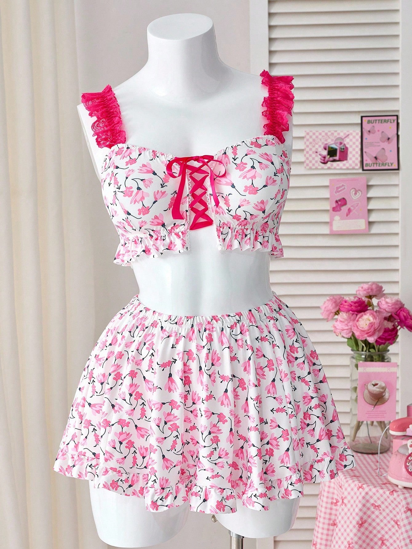 Plus Size 3pcs Lace Patchwork Floral Print Sexy Lingerie Set