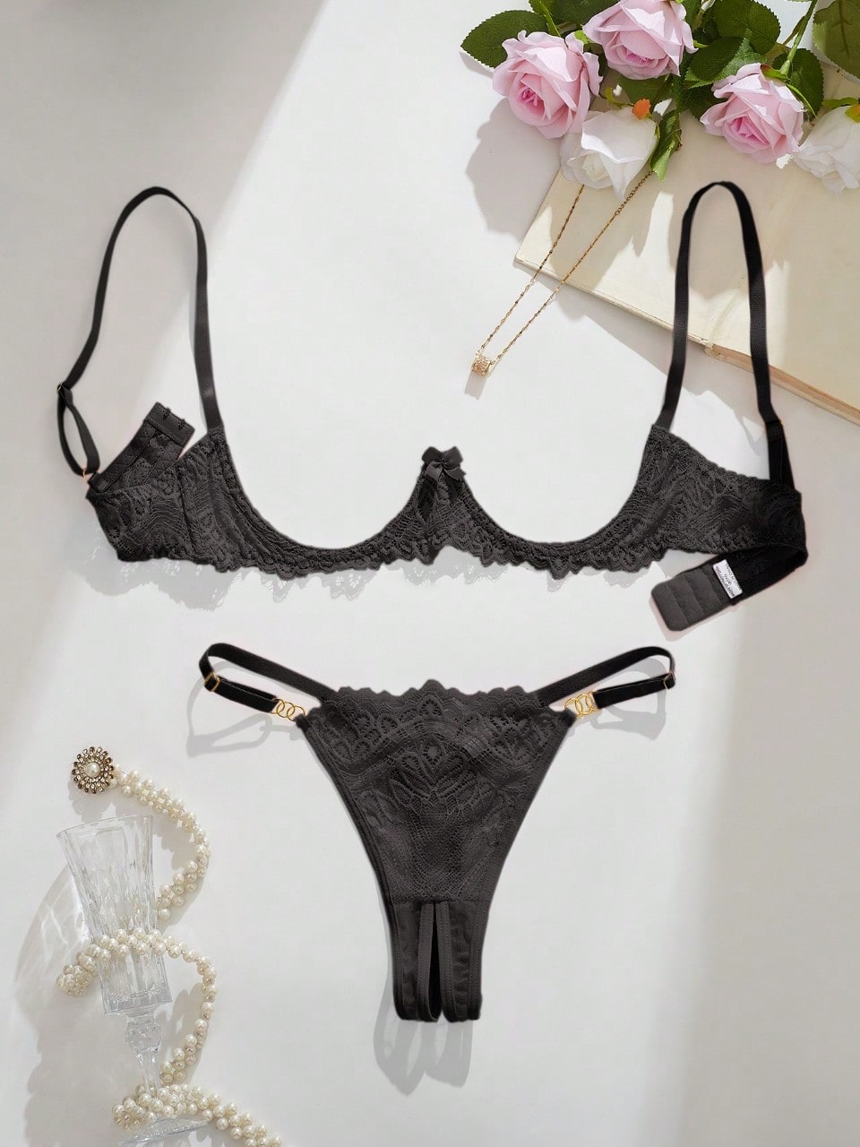 Women’s sexy floral lace lingerie set featuring a bra and thong panty in a 2-piece matching set.