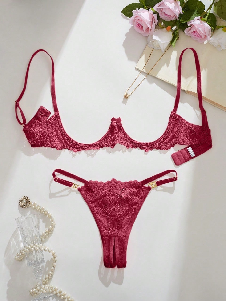 Women’s sexy floral lace lingerie set featuring a bra and thong panty in a 2-piece matching set.