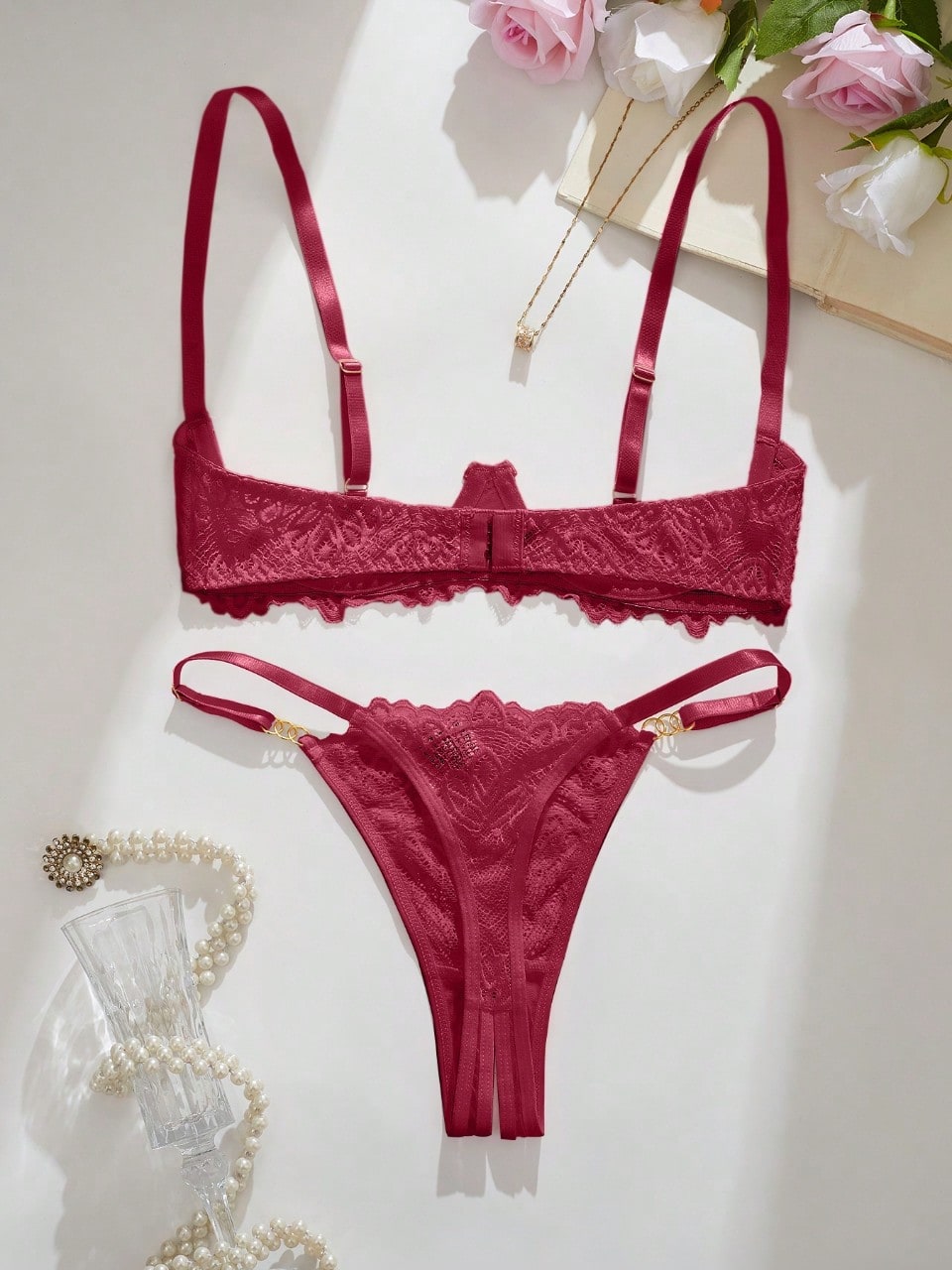 Women’s sexy floral lace lingerie set featuring a bra and thong panty in a 2-piece matching set.