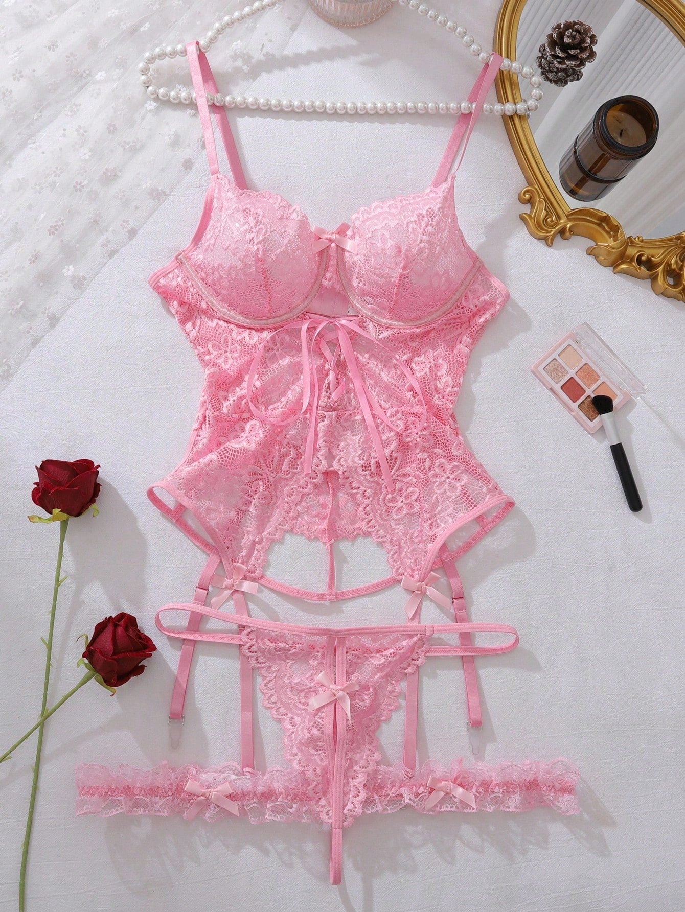 Floral lace underwire garter corset lingerie set with adjustable spaghetti straps, backless bra, V-string panty, and one pair of leg rings.