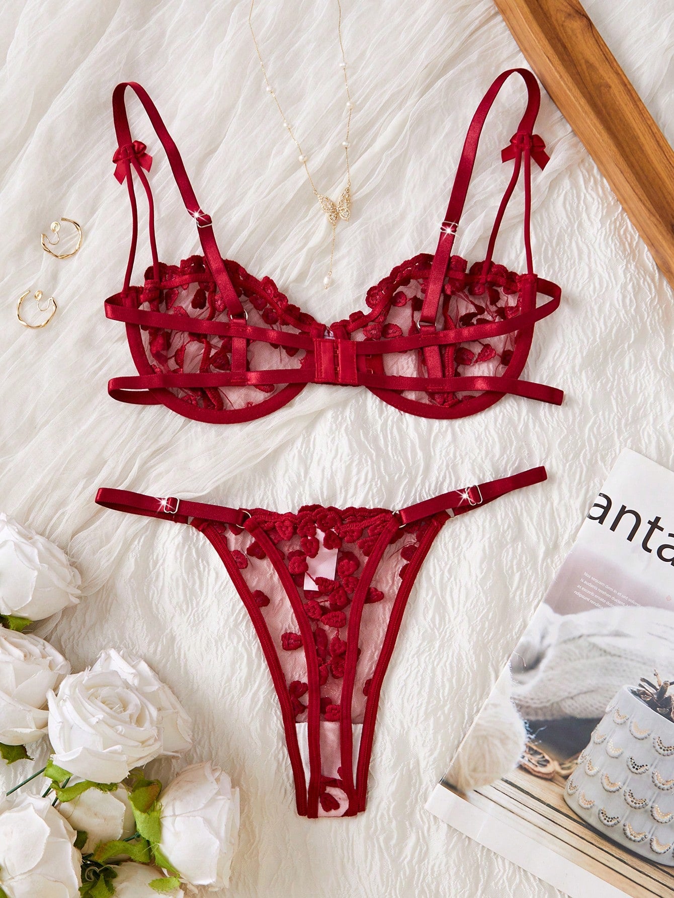 Kawaii Women Solid Embroidered Sheer Strap Bra And G-String Sexy Lingerie Set, Rave