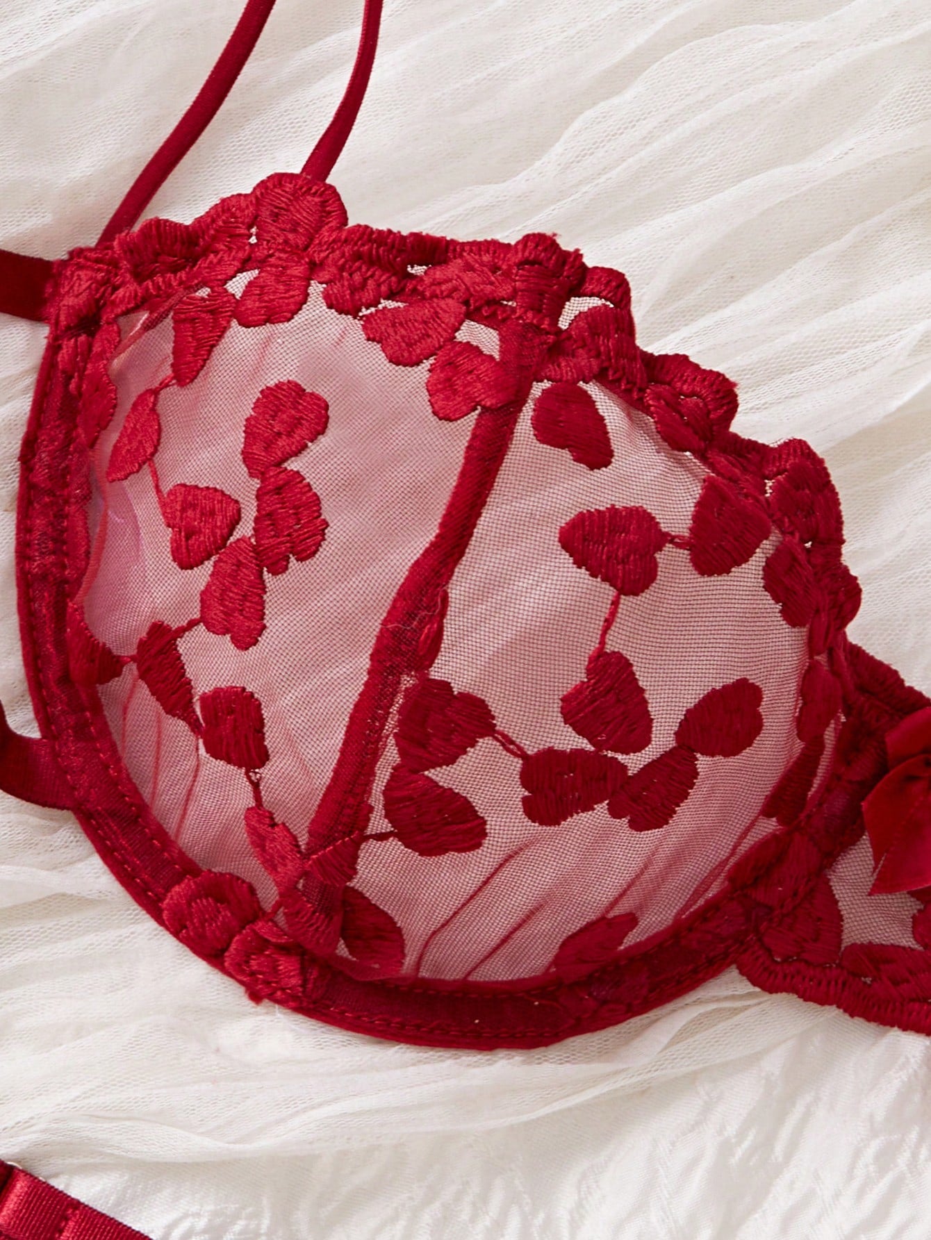 Kawaii Women Solid Embroidered Sheer Strap Bra And G-String Sexy Lingerie Set, Rave
