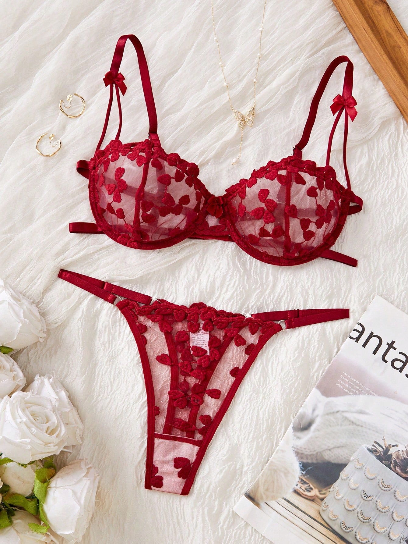 Kawaii Women Solid Embroidered Sheer Strap Bra And G-String Sexy Lingerie Set, Rave