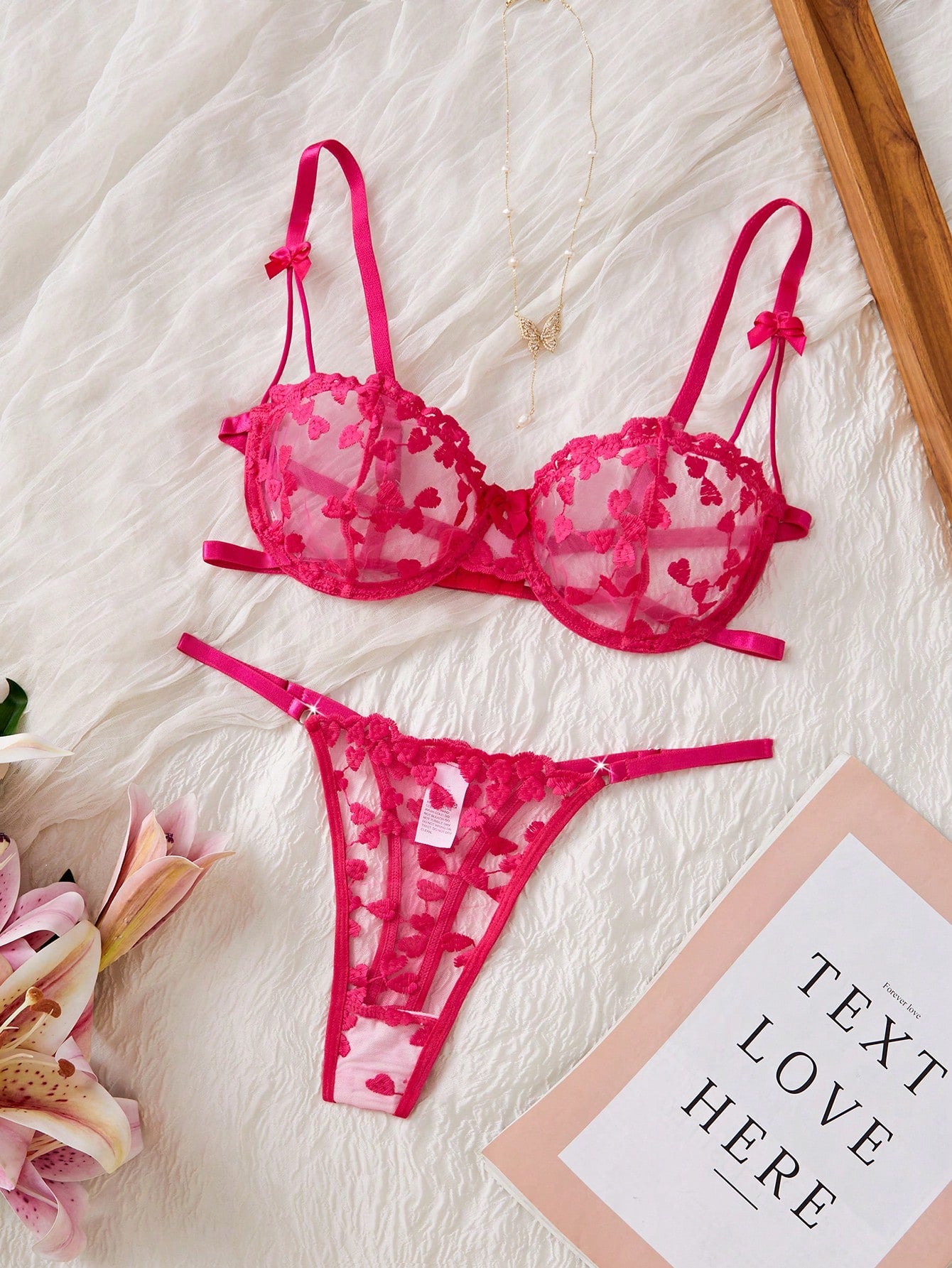 Kawaii Women Solid Embroidered Sheer Strap Bra And G-String Sexy Lingerie Set, Rave
