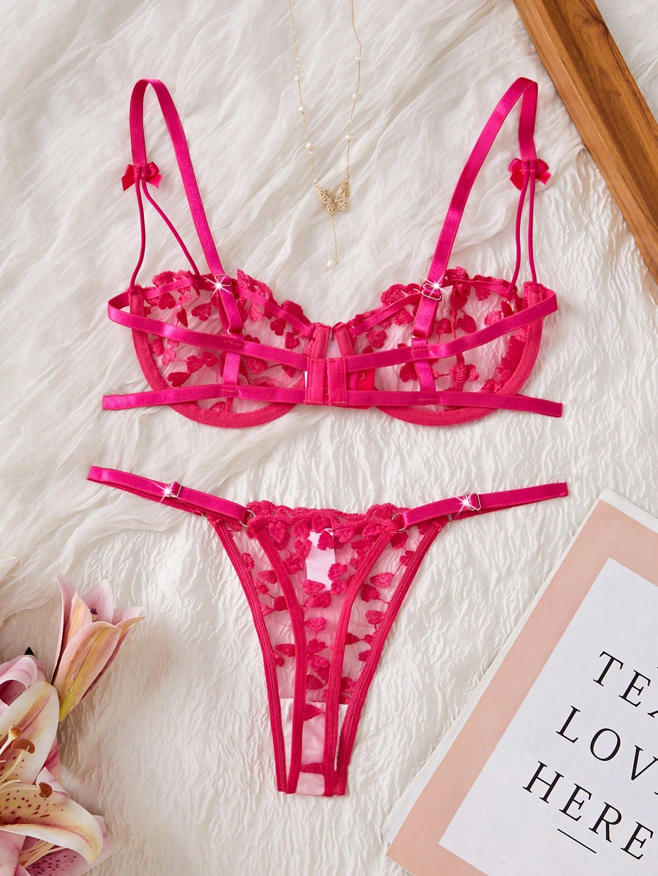 Kawaii Women Solid Embroidered Sheer Strap Bra And G-String Sexy Lingerie Set, Rave