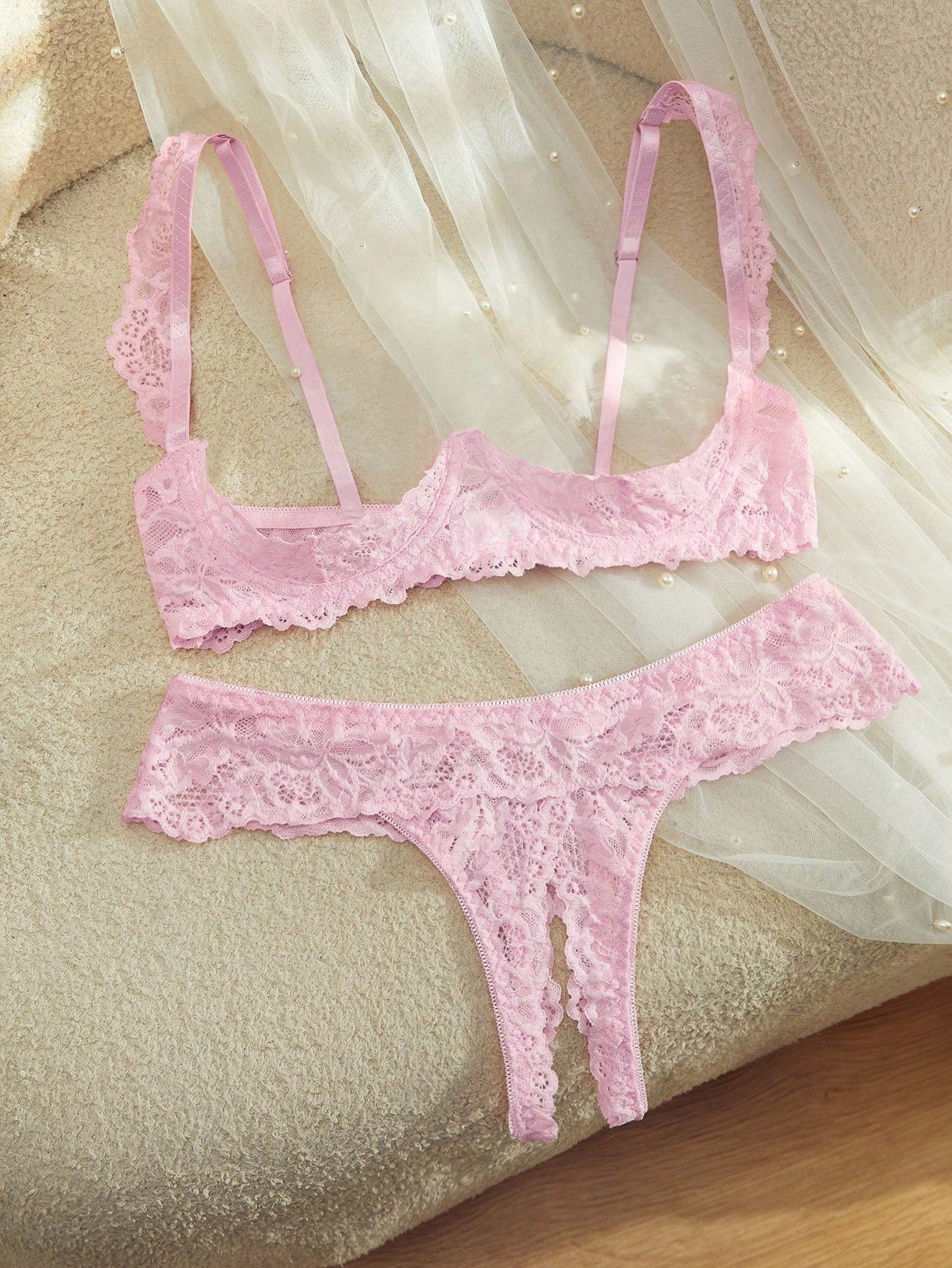 Women’s 2-piece contrast lace lingerie set with a sheer plain design, featuring an underwire open-cup bra with adjustable spaghetti straps and matching low-rise V-string panties.