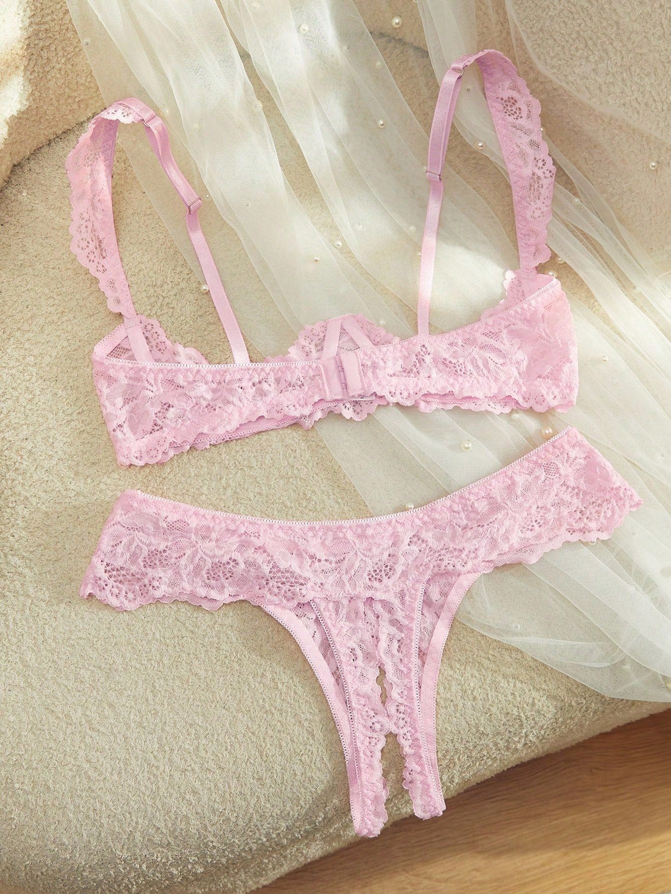 Women’s 2-piece contrast lace lingerie set with a sheer plain design, featuring an underwire open-cup bra with adjustable spaghetti straps and matching low-rise V-string panties.