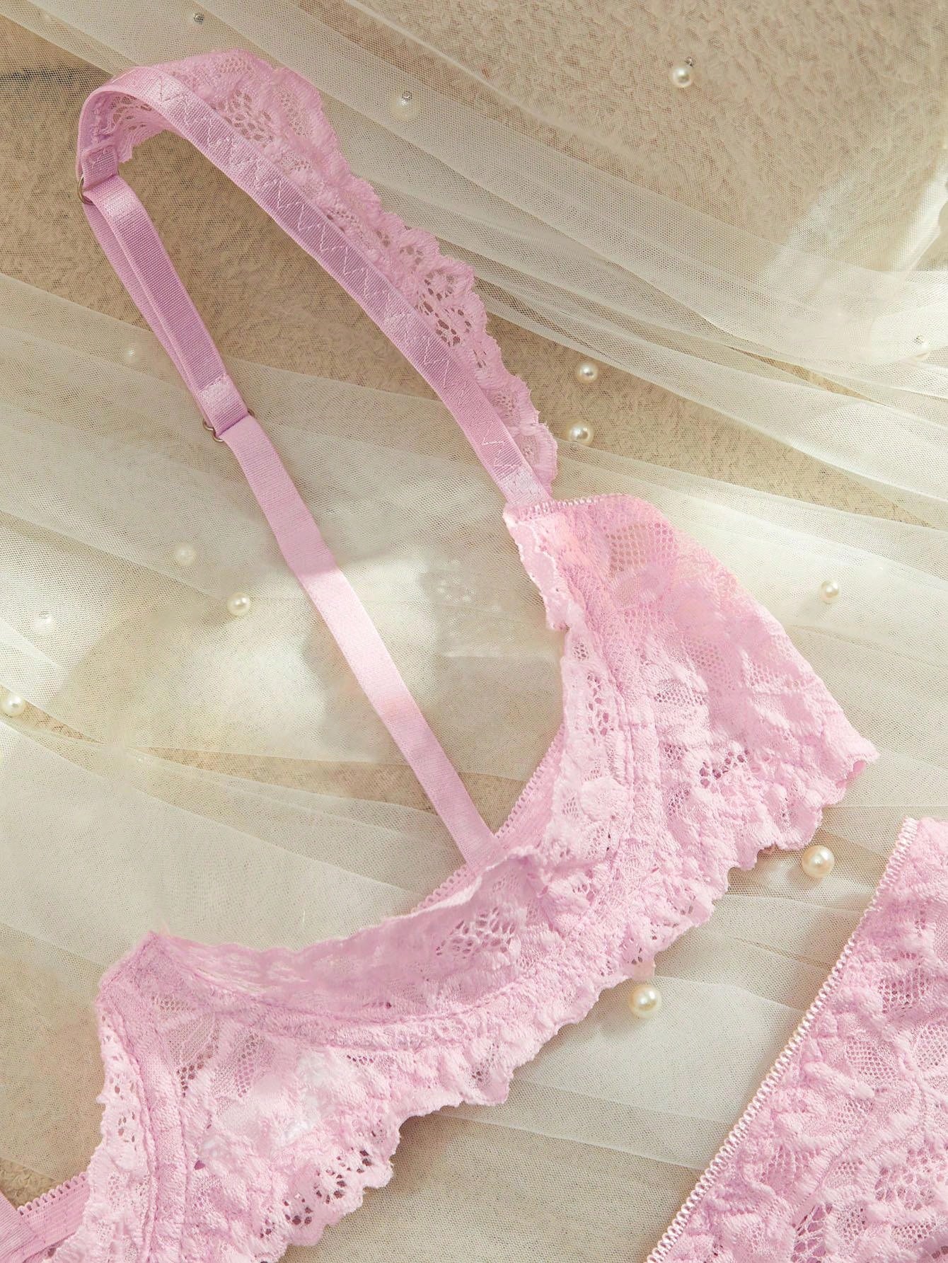 Women’s 2-piece contrast lace lingerie set with a sheer plain design, featuring an underwire open-cup bra with adjustable spaghetti straps and matching low-rise V-string panties.