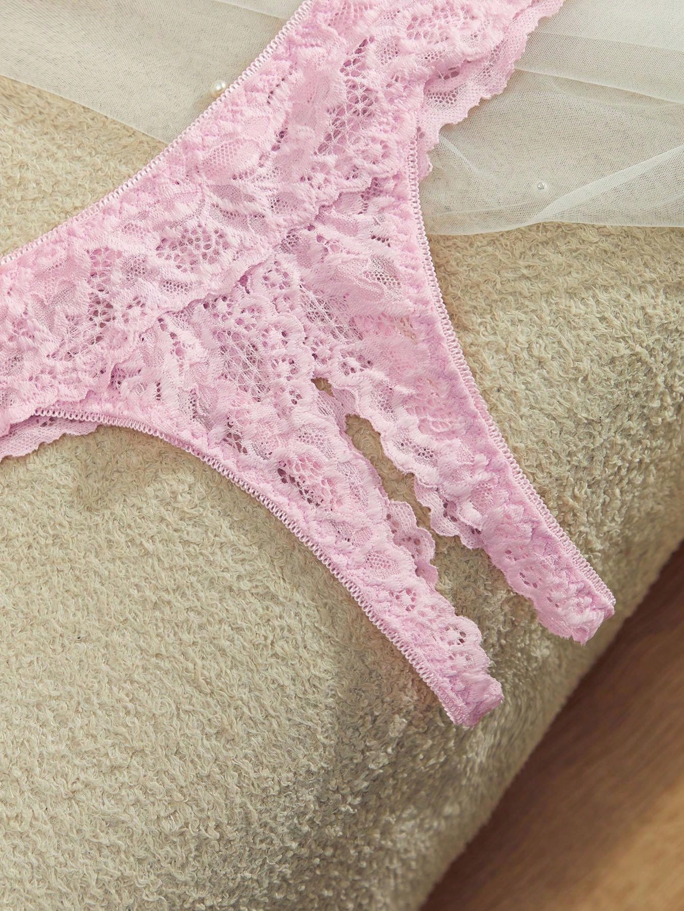Women’s 2-piece contrast lace lingerie set with a sheer plain design, featuring an underwire open-cup bra with adjustable spaghetti straps and matching low-rise V-string panties.