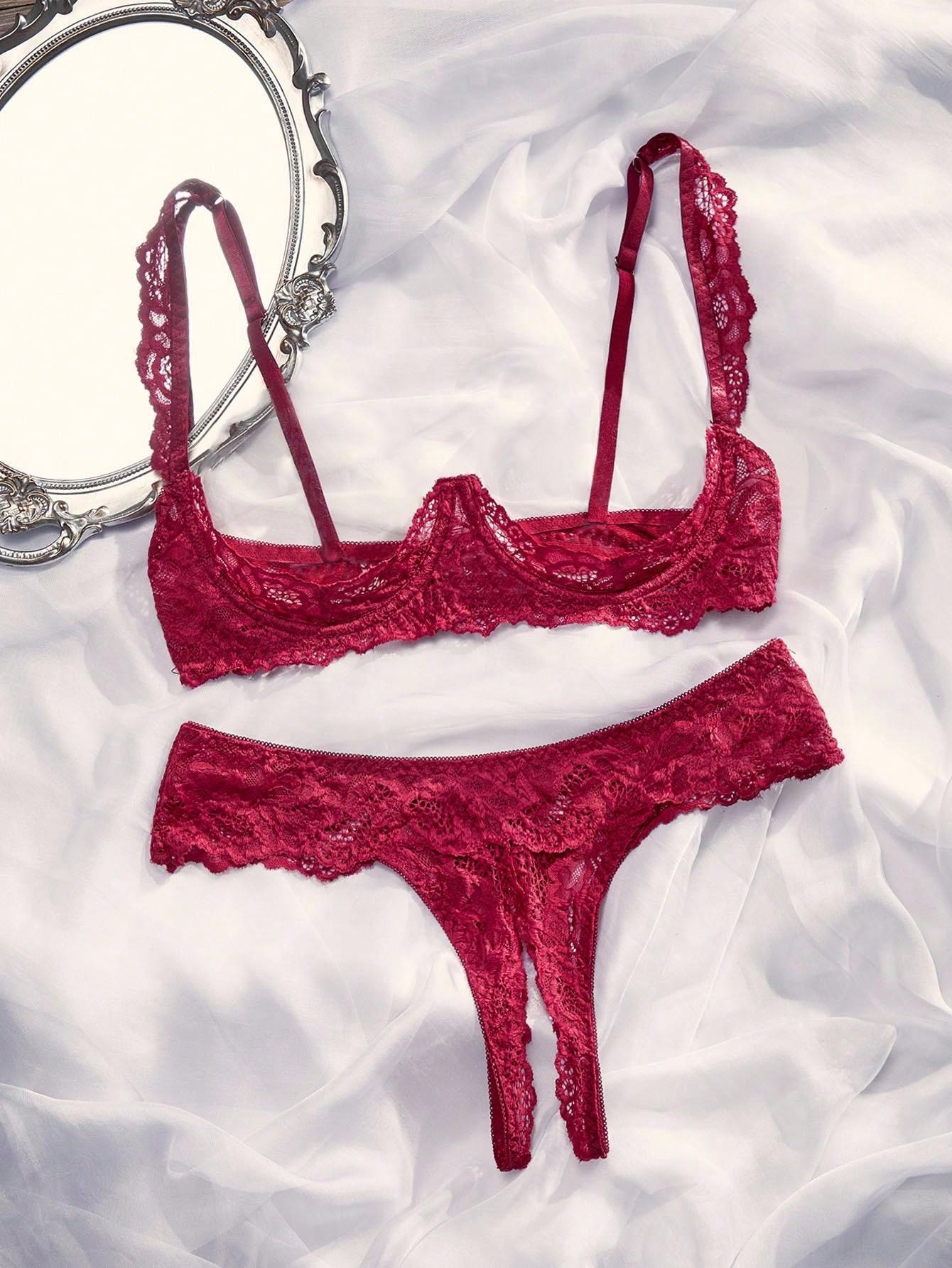 Women’s 2-piece contrast lace lingerie set with a sheer plain design, featuring an underwire open-cup bra with adjustable spaghetti straps and matching low-rise V-string panties.