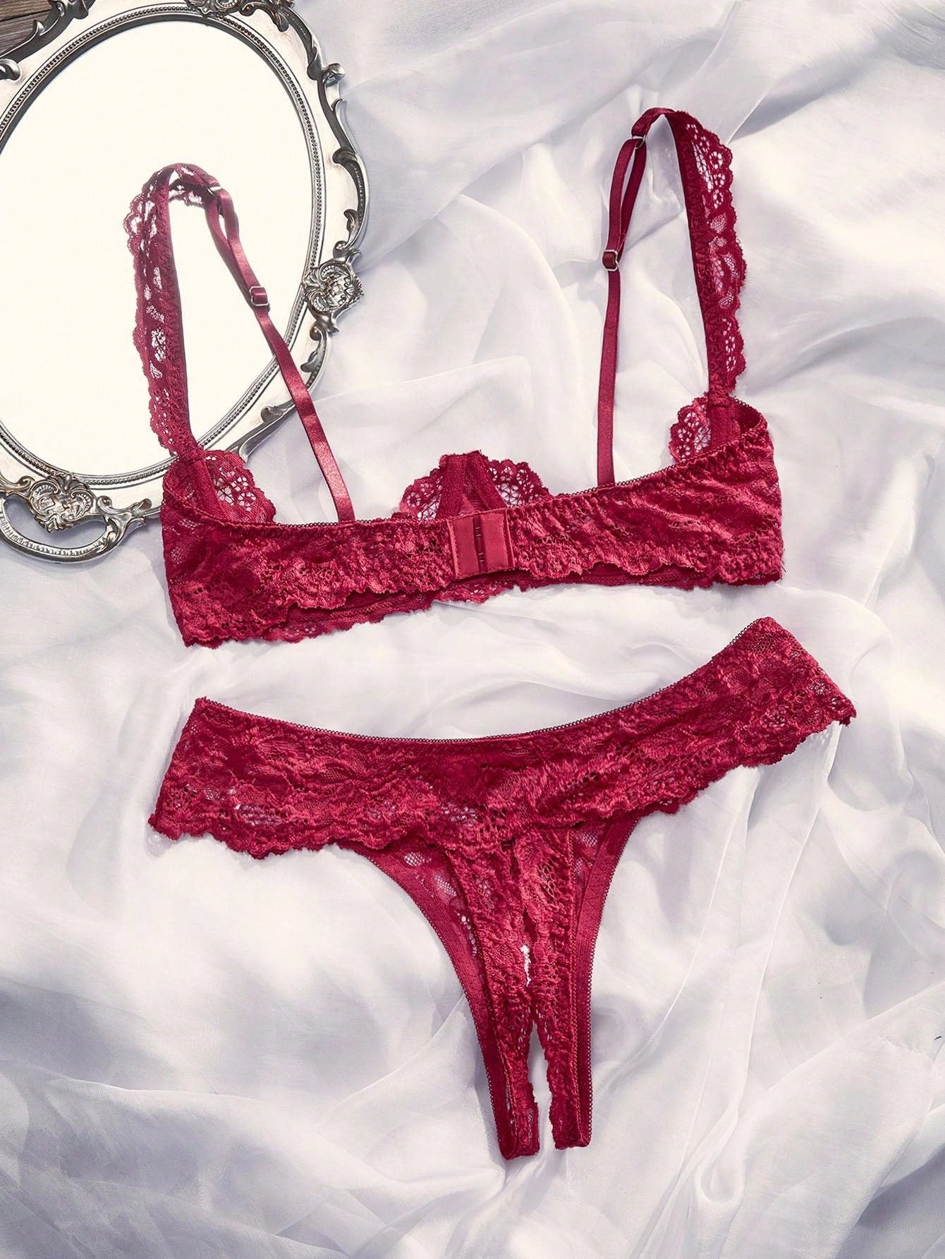 Women’s 2-piece contrast lace lingerie set with a sheer plain design, featuring an underwire open-cup bra with adjustable spaghetti straps and matching low-rise V-string panties.