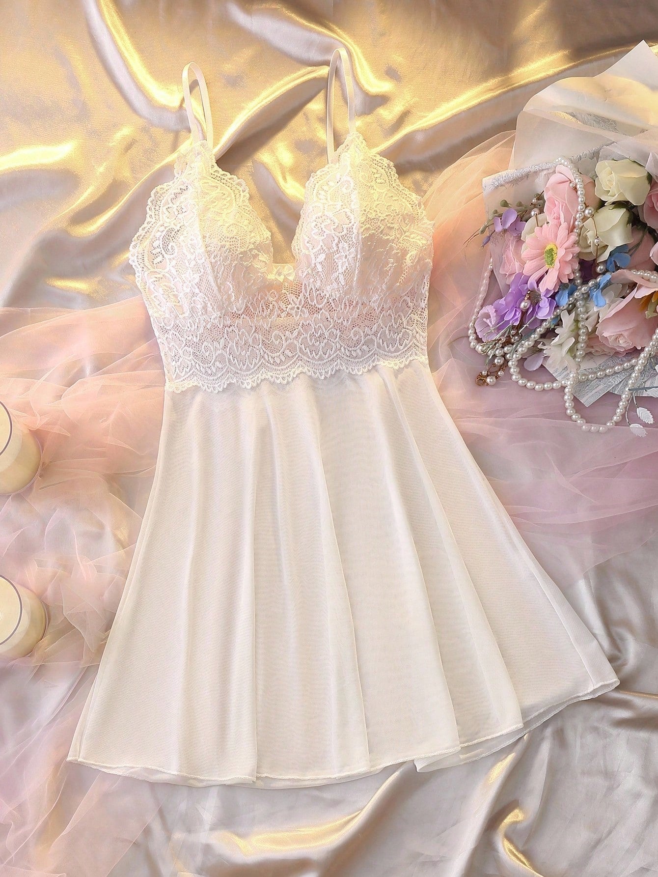 Women's Fashion Solid Color Lace Strap Pajama Nightdress Dressnight Dress Night Nightwearlingerie Dress Holidayseason Cozy And Elegant Details