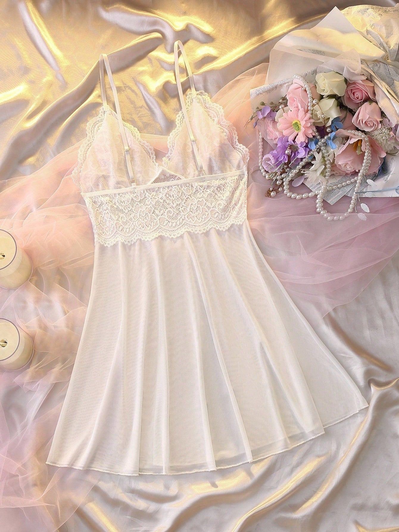 Women's Fashion Solid Color Lace Strap Pajama Nightdress Dressnight Dress Night Nightwearlingerie Dress Holidayseason Cozy And Elegant Details