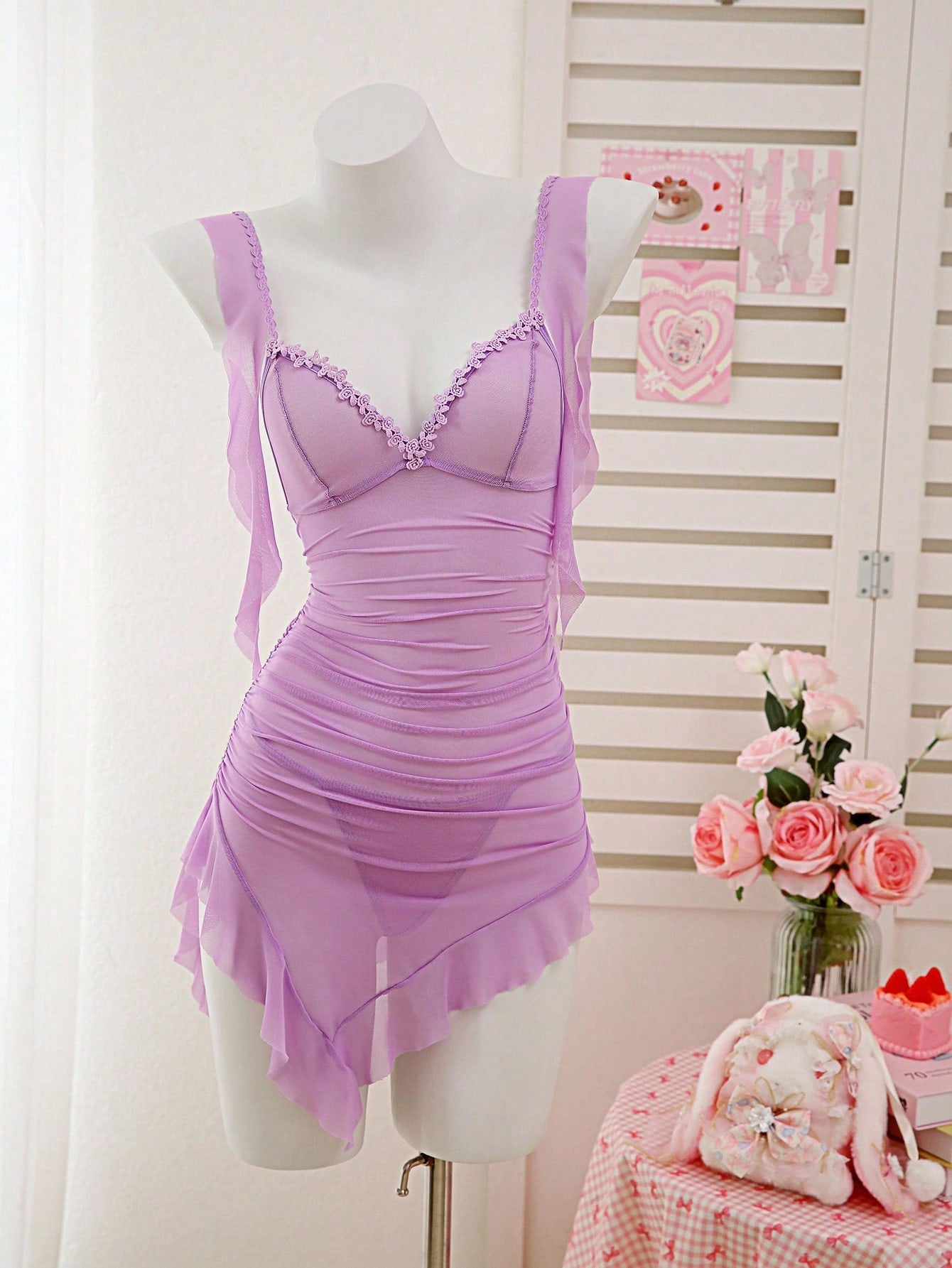 2pcs Set Sheer Ruffle Asymmetrical Hem Mini Dress, Going Out Sheer Lingerie Set