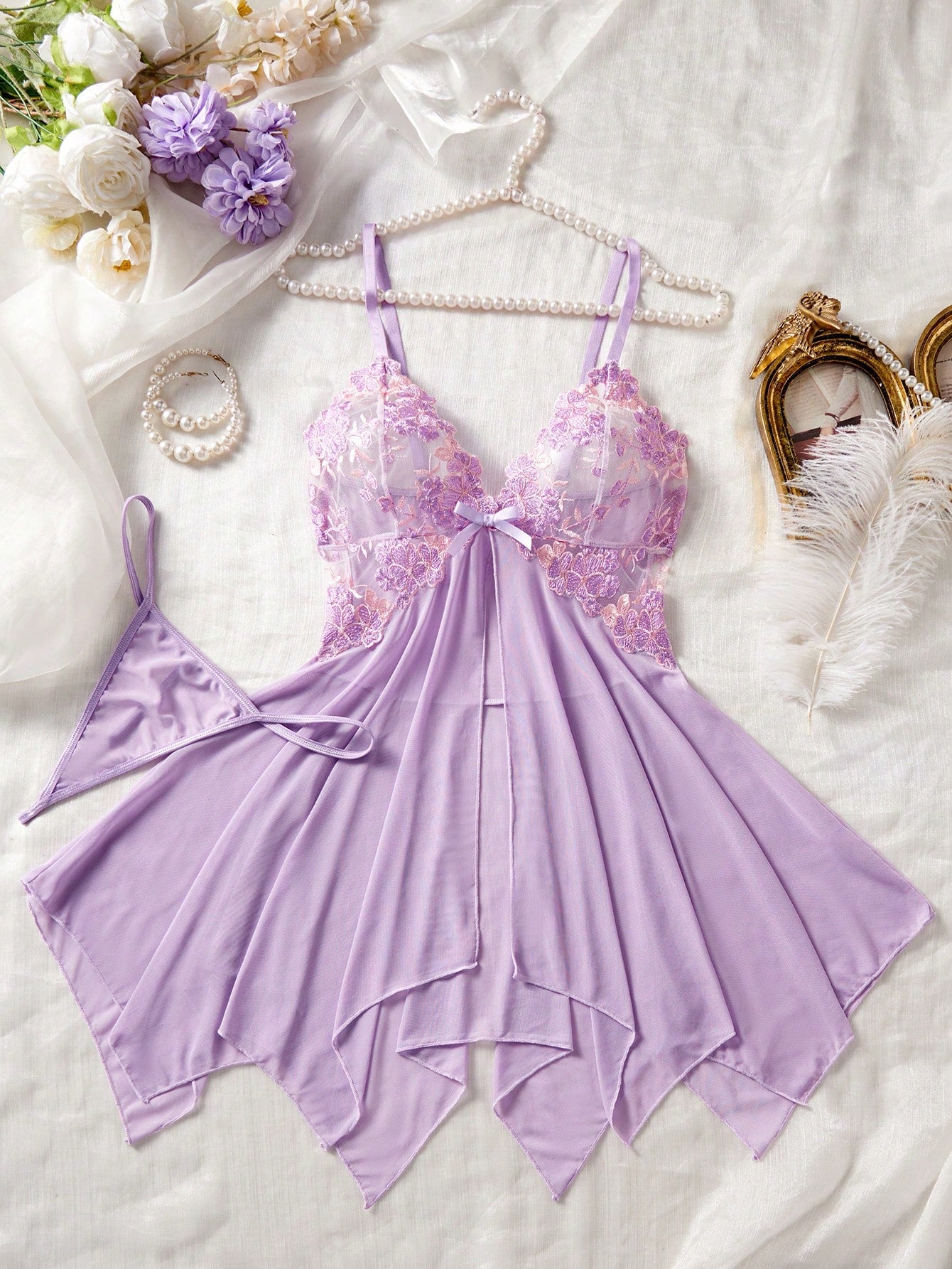 Kawaii Explore The Enchanting Middle East! Light Purple Embroidered Sheer Nightgown, Lightly Wraps Your Alluring Figure, Sexy Asymmetric/Asymmetrical Embroidered Thong