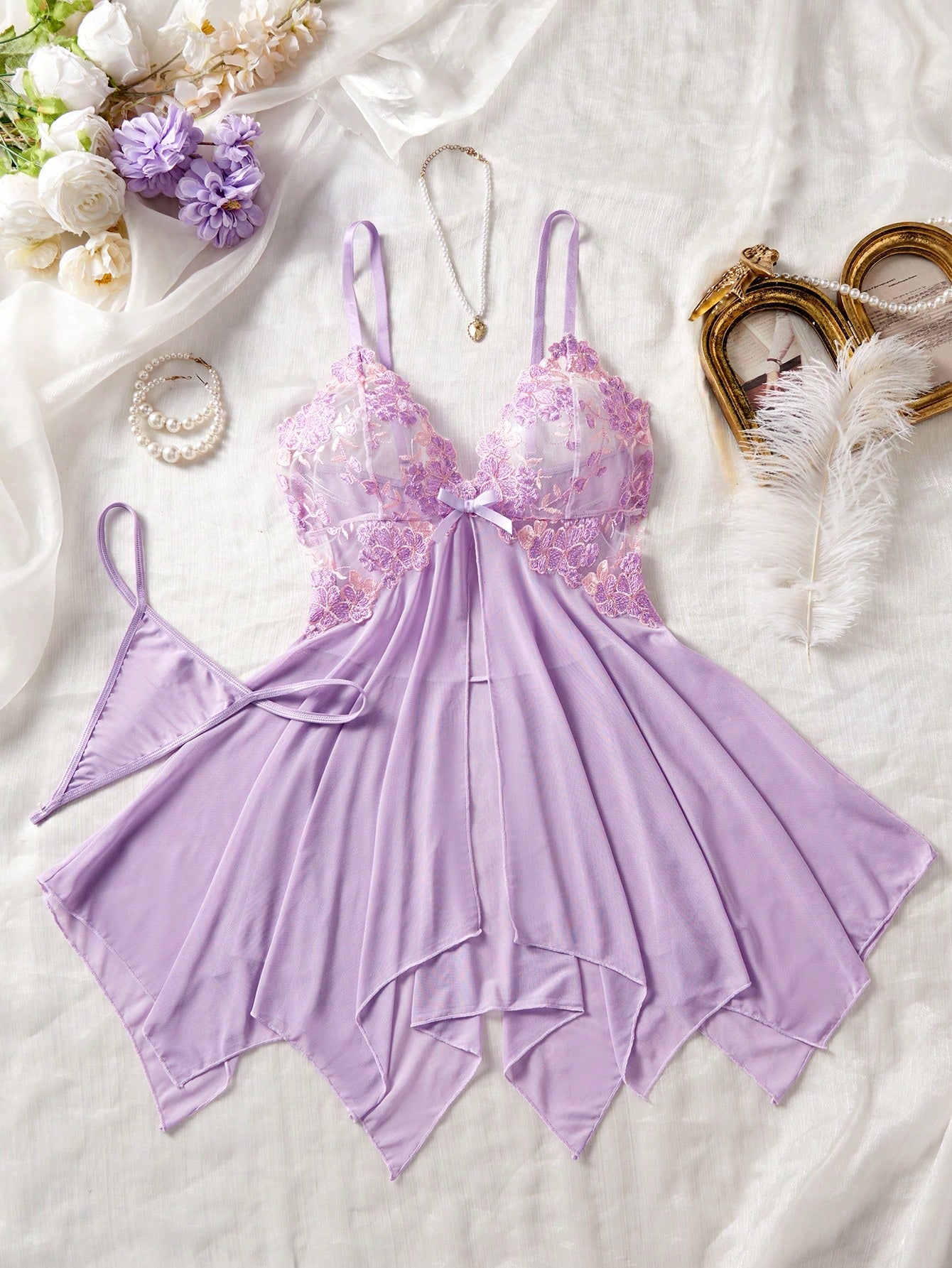 Kawaii Explore The Enchanting Middle East! Light Purple Embroidered Sheer Nightgown, Lightly Wraps Your Alluring Figure, Sexy Asymmetric/Asymmetrical Embroidered Thong