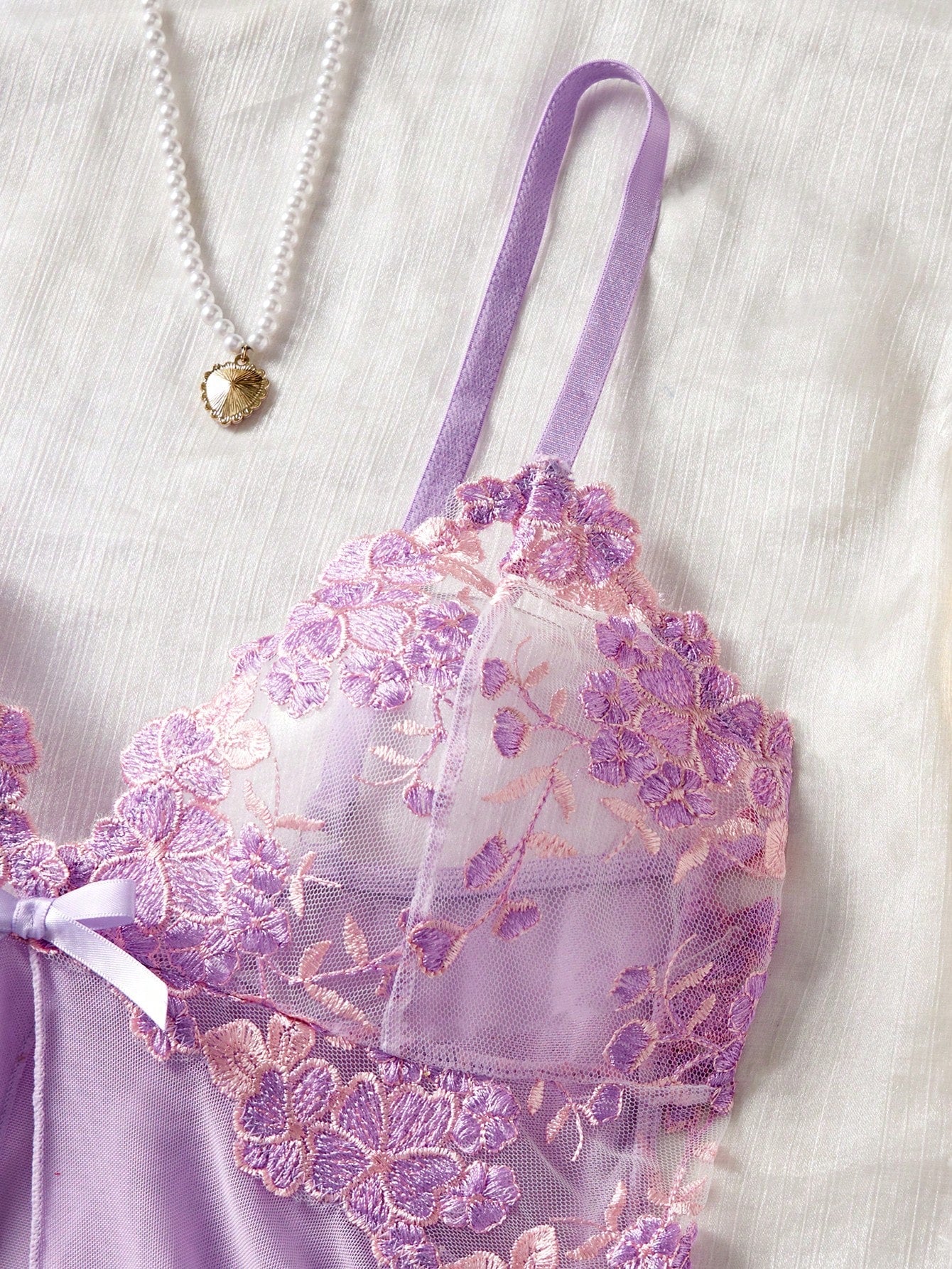 Kawaii Explore The Enchanting Middle East! Light Purple Embroidered Sheer Nightgown, Lightly Wraps Your Alluring Figure, Sexy Asymmetric/Asymmetrical Embroidered Thong