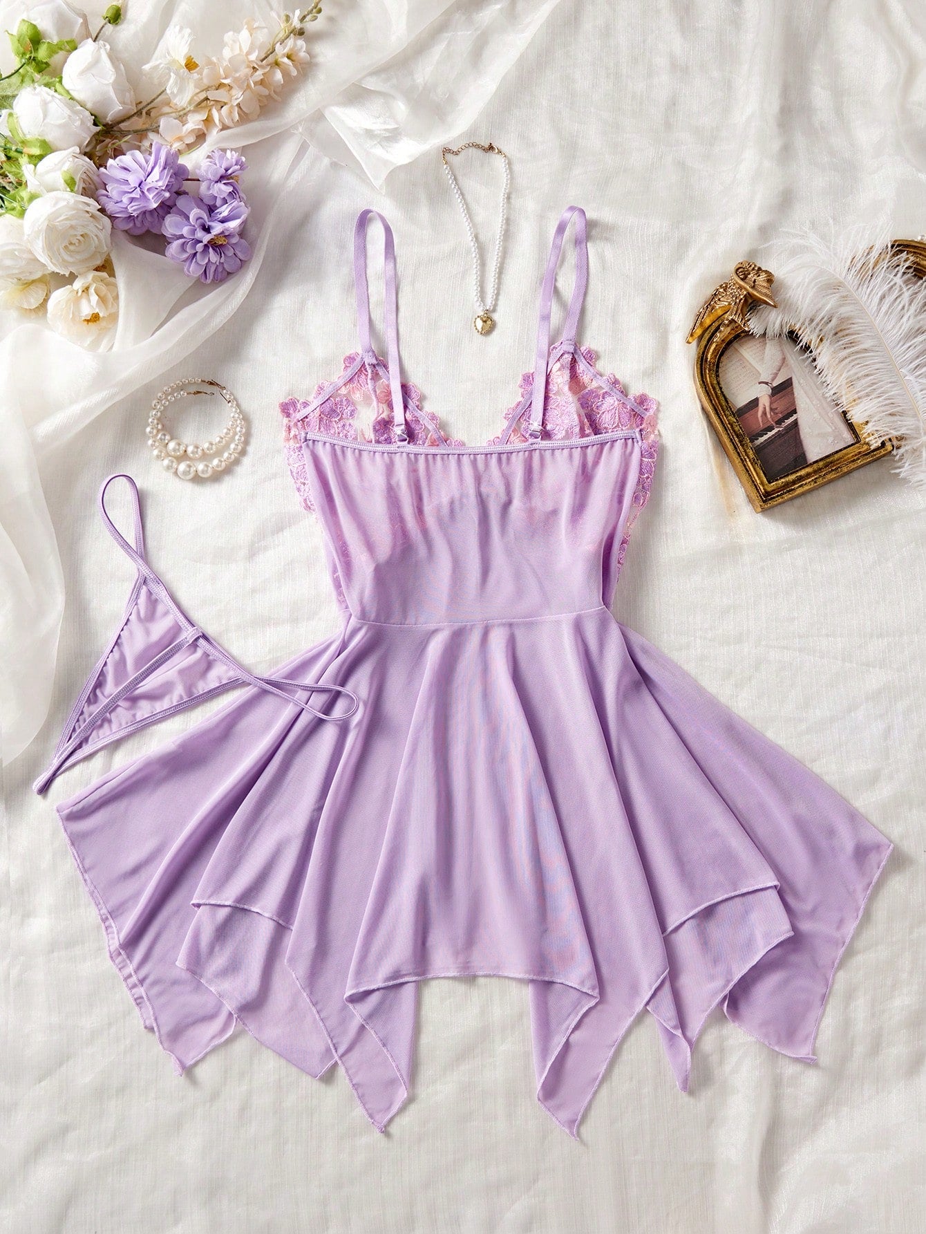 Kawaii Explore The Enchanting Middle East! Light Purple Embroidered Sheer Nightgown, Lightly Wraps Your Alluring Figure, Sexy Asymmetric/Asymmetrical Embroidered Thong