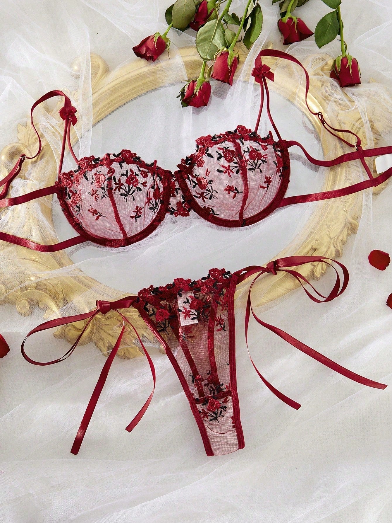 Kawaii Floral Embroidery Bowknot Decor Hollow Out Sexy Lingerie Set, Rave