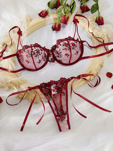 Kawaii Floral Embroidery Bowknot Decor Hollow Out Sexy Lingerie Set, Rave