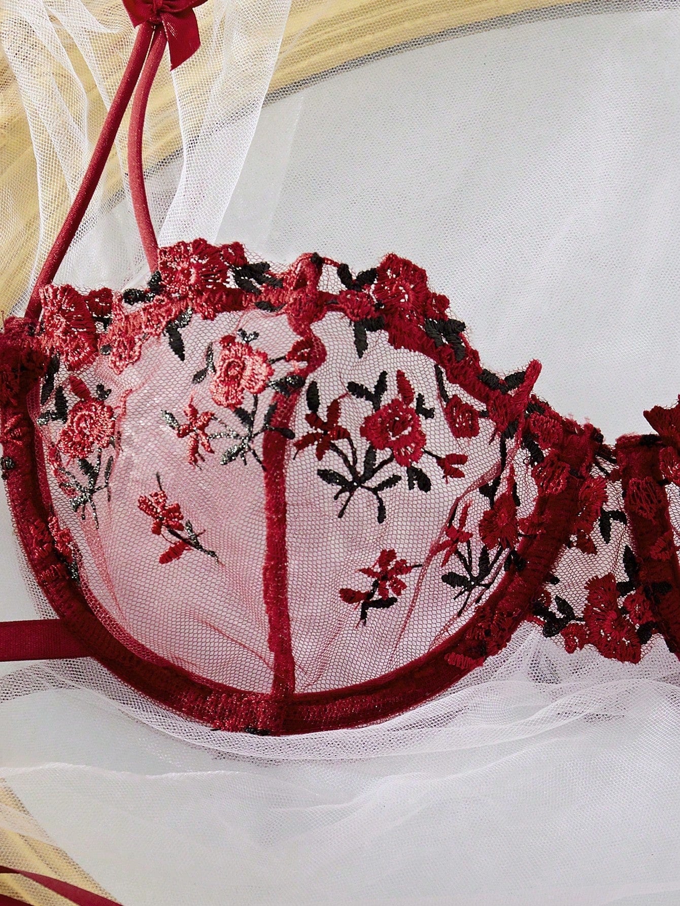 Kawaii Floral Embroidery Bowknot Decor Hollow Out Sexy Lingerie Set, Rave
