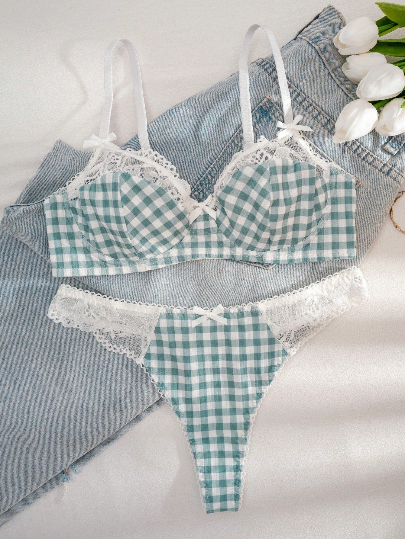 Kawaii 1 Set Women Mint Green Plaid Print Lace Trim Bra Set
