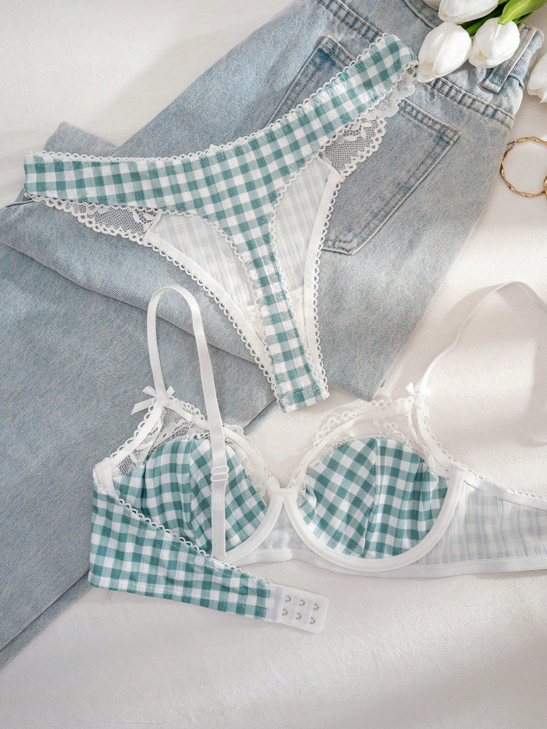 Kawaii 1 Set Women Mint Green Plaid Print Lace Trim Bra Set