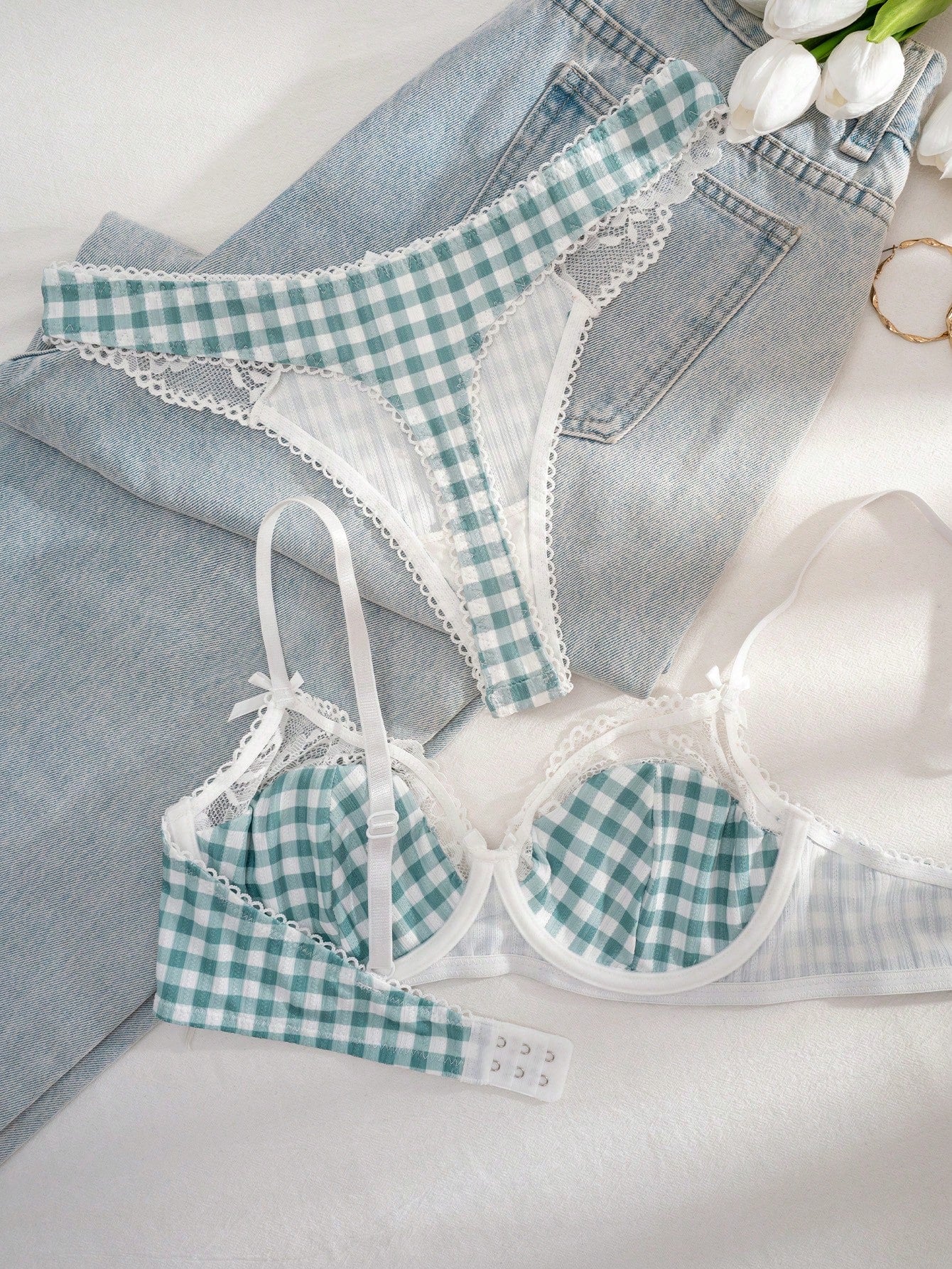 Kawaii 1 Set Women Mint Green Plaid Print Lace Trim Bra Set