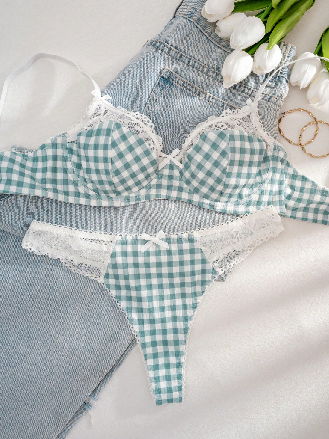 Kawaii 1 Set Women Mint Green Plaid Print Lace Trim Bra Set