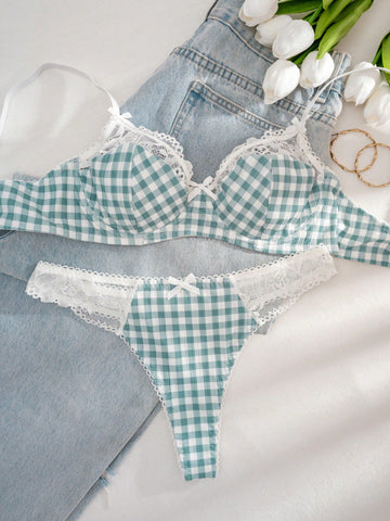Kawaii 1 Set Women Mint Green Plaid Print Lace Trim Bra Set