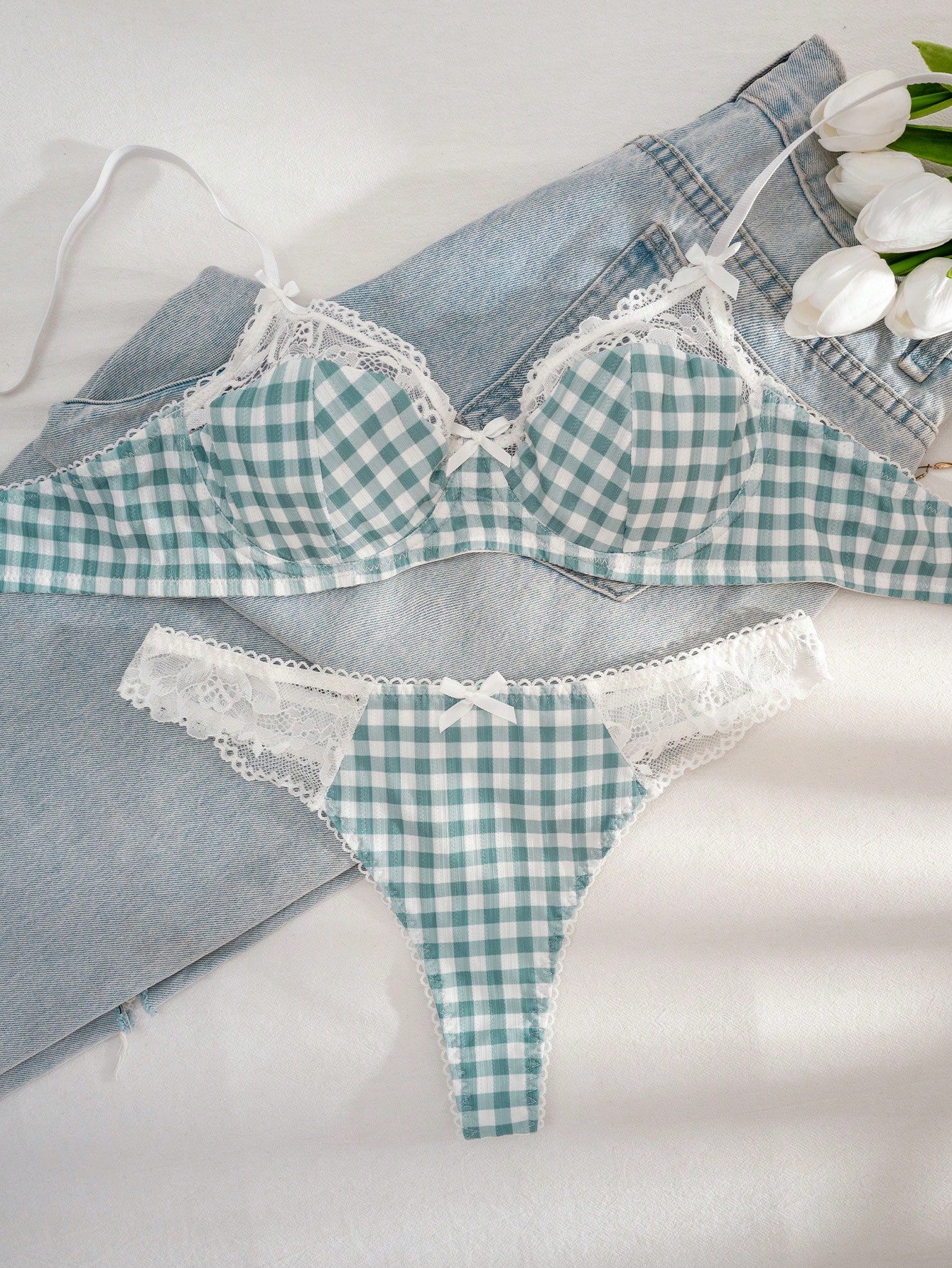 Kawaii 1 Set Women Mint Green Plaid Print Lace Trim Bra Set