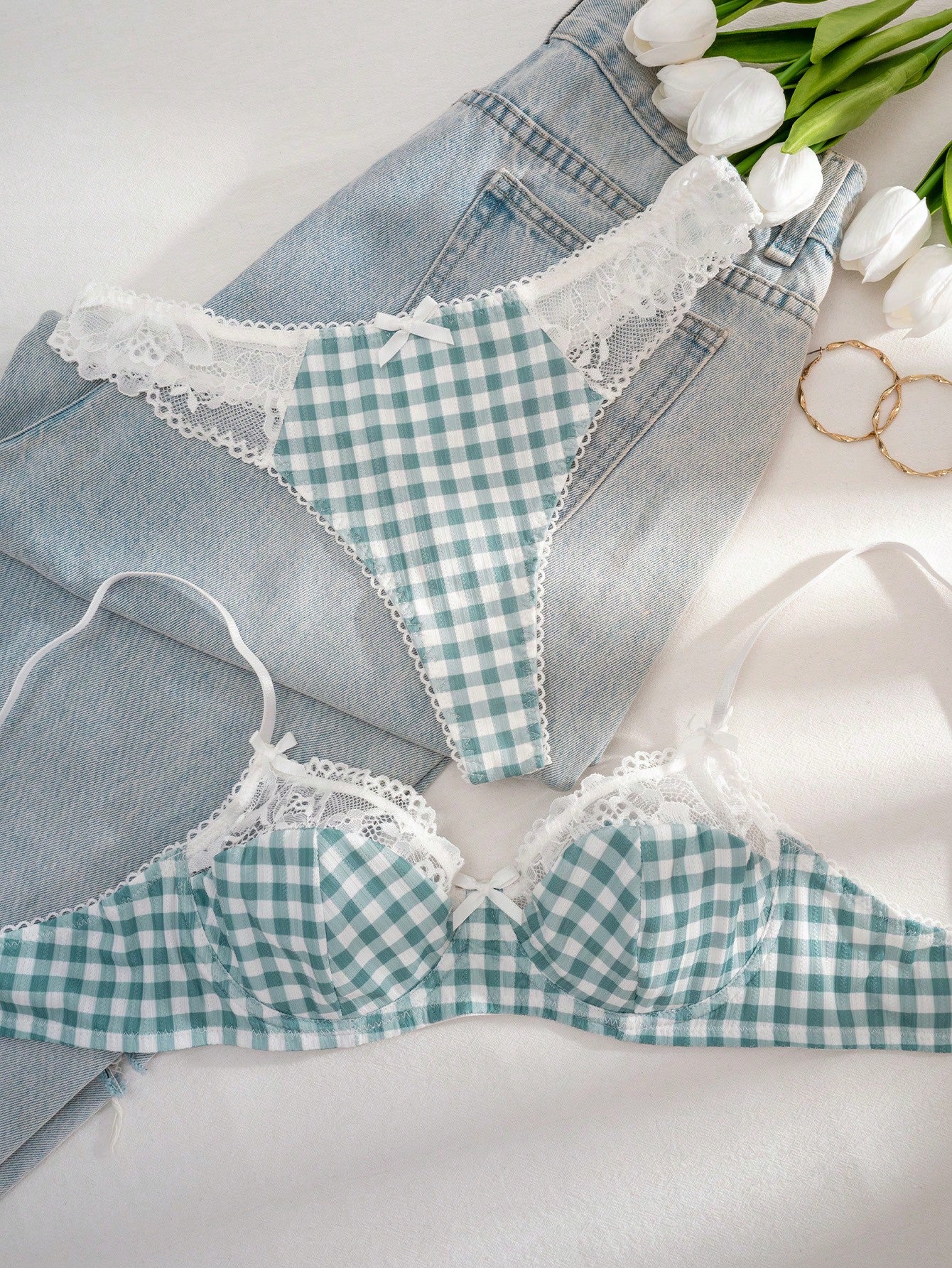Kawaii 1 Set Women Mint Green Plaid Print Lace Trim Bra Set