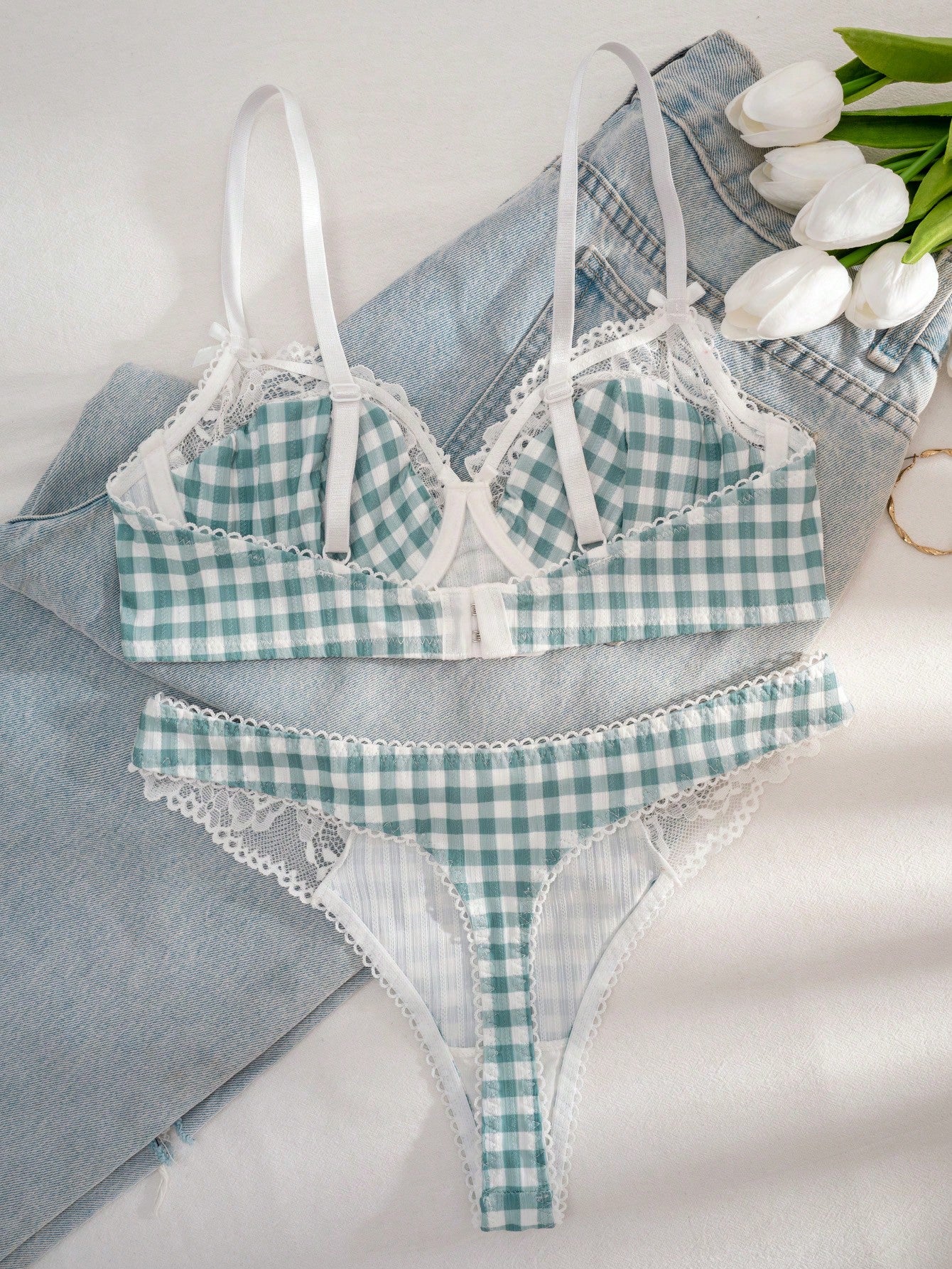 Kawaii 1 Set Women Mint Green Plaid Print Lace Trim Bra Set