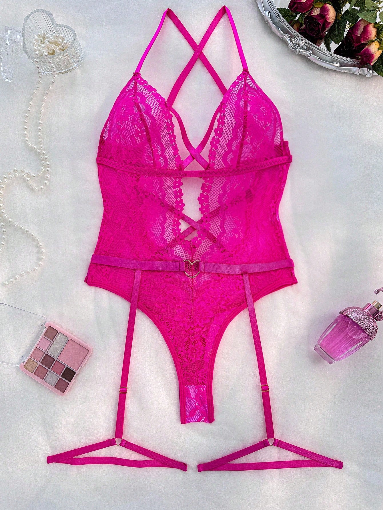 1 Set Lace Sexy Bodysuit + Garter Belt For Women