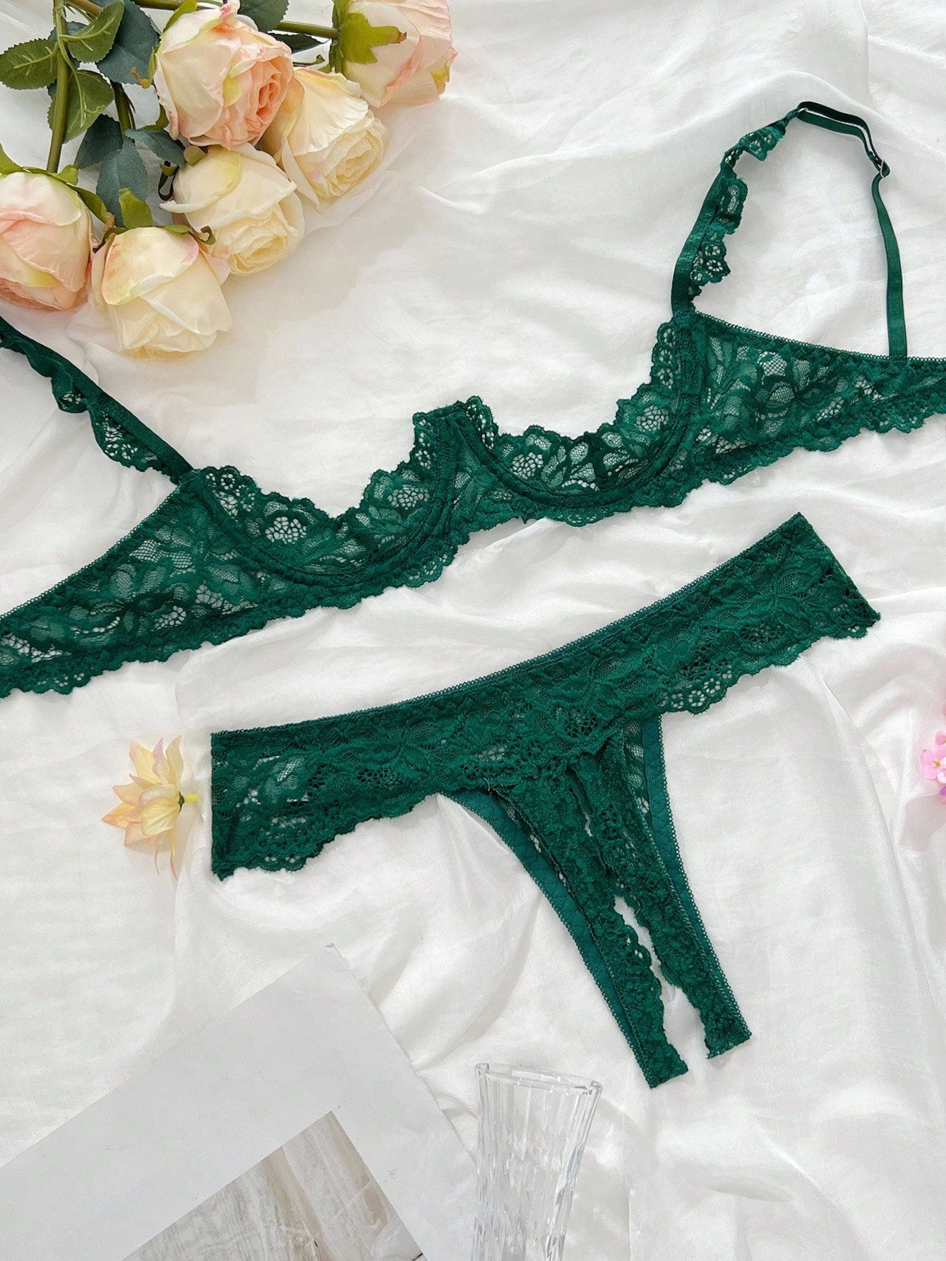 Women’s 2-piece contrast lace lingerie set with a sheer plain design, featuring an underwire open-cup bra with adjustable spaghetti straps and matching low-rise V-string panties.
