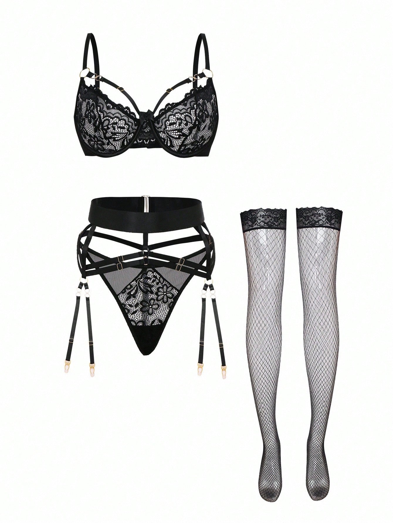 Black floral lace lingerie set featuring an underwire demi bra with adjustable spaghetti straps, matching low-rise thong, garter details, and one pair of stockings; 5-piece sexy set.