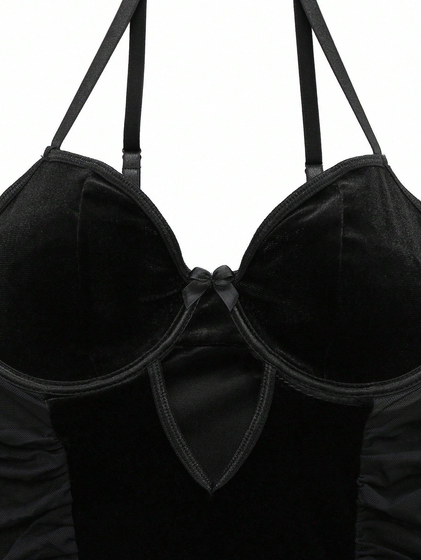 Women’s 4-piece lingerie set featuring a vintage-inspired velvet and mesh ruffle bodycon mini dress with spaghetti straps, a thong, and two mesh stockings.