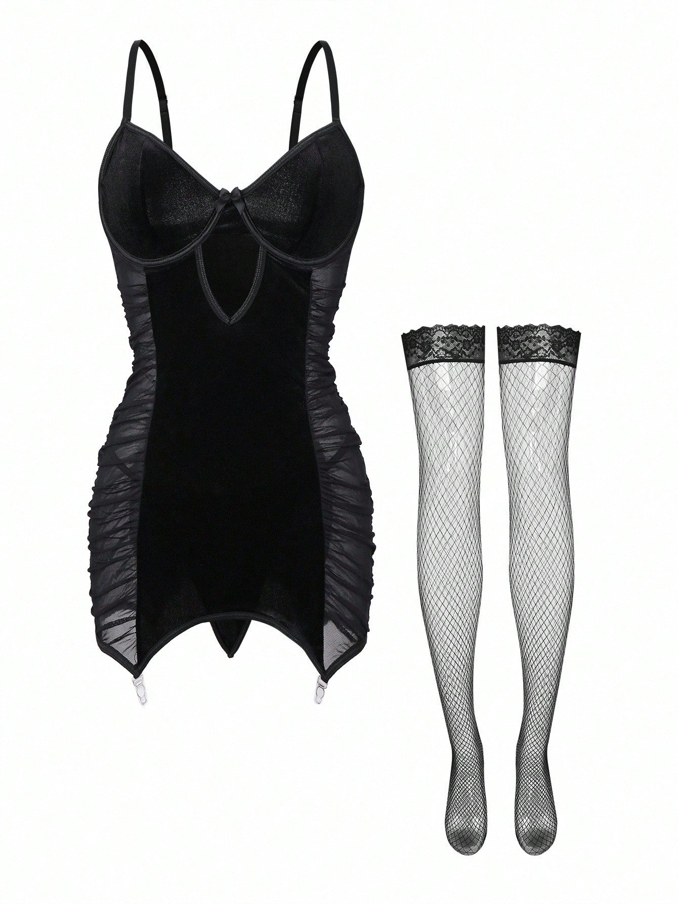 Women’s 4-piece lingerie set featuring a vintage-inspired velvet and mesh ruffle bodycon mini dress with spaghetti straps, a thong, and two mesh stockings.