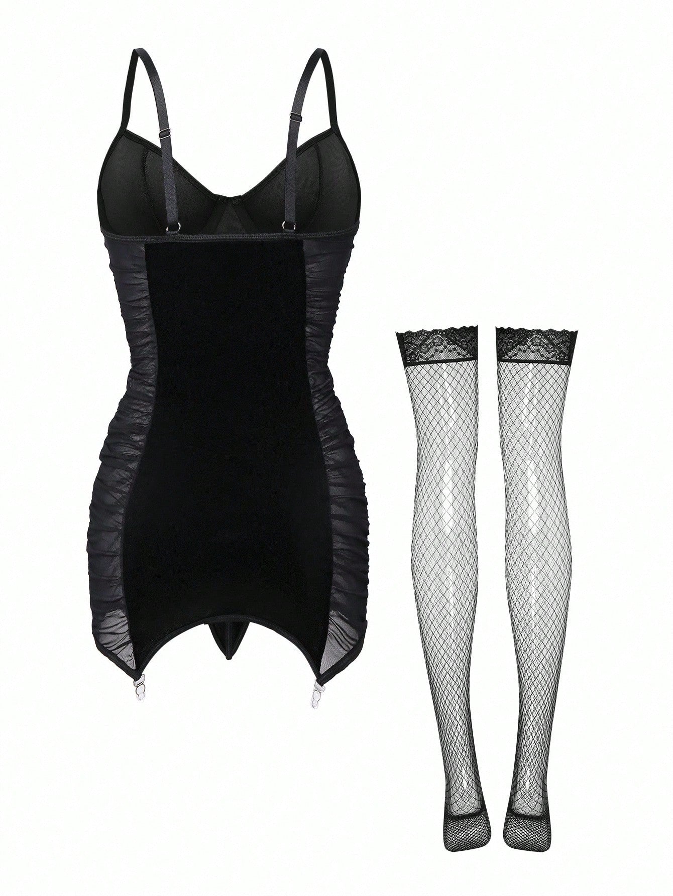 Women’s 4-piece lingerie set featuring a vintage-inspired velvet and mesh ruffle bodycon mini dress with spaghetti straps, a thong, and two mesh stockings.