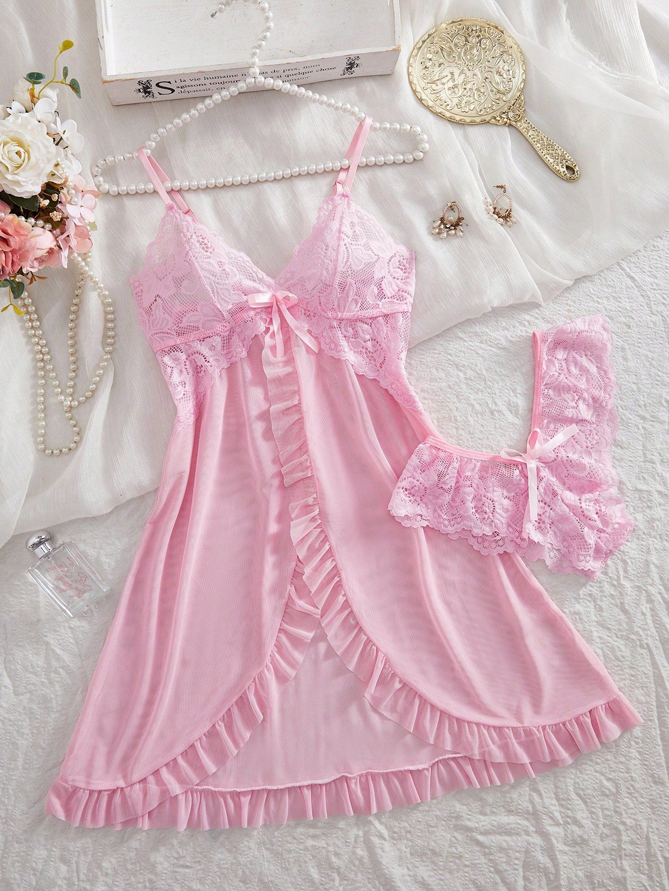 Kawaii 2pcs Set Women Sexy Lace Lingerie Sleepwear Set, For Homewear For Going Out