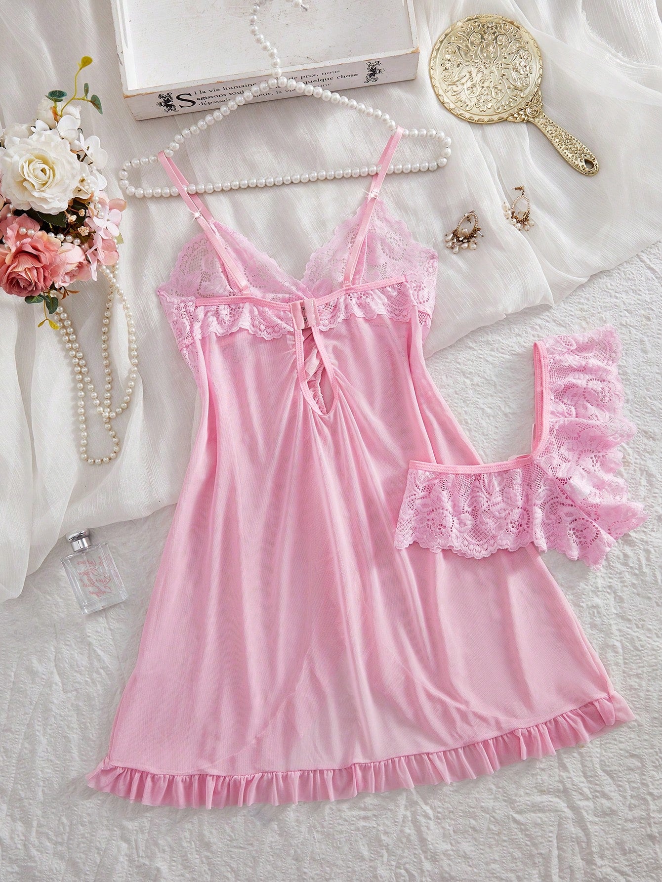 Kawaii 2pcs Set Women Sexy Lace Lingerie Sleepwear Set, For Homewear For Going Out
