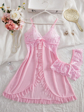 Kawaii 2pcs Set Women Sexy Lace Lingerie Sleepwear Set, For Homewear For Going Out
