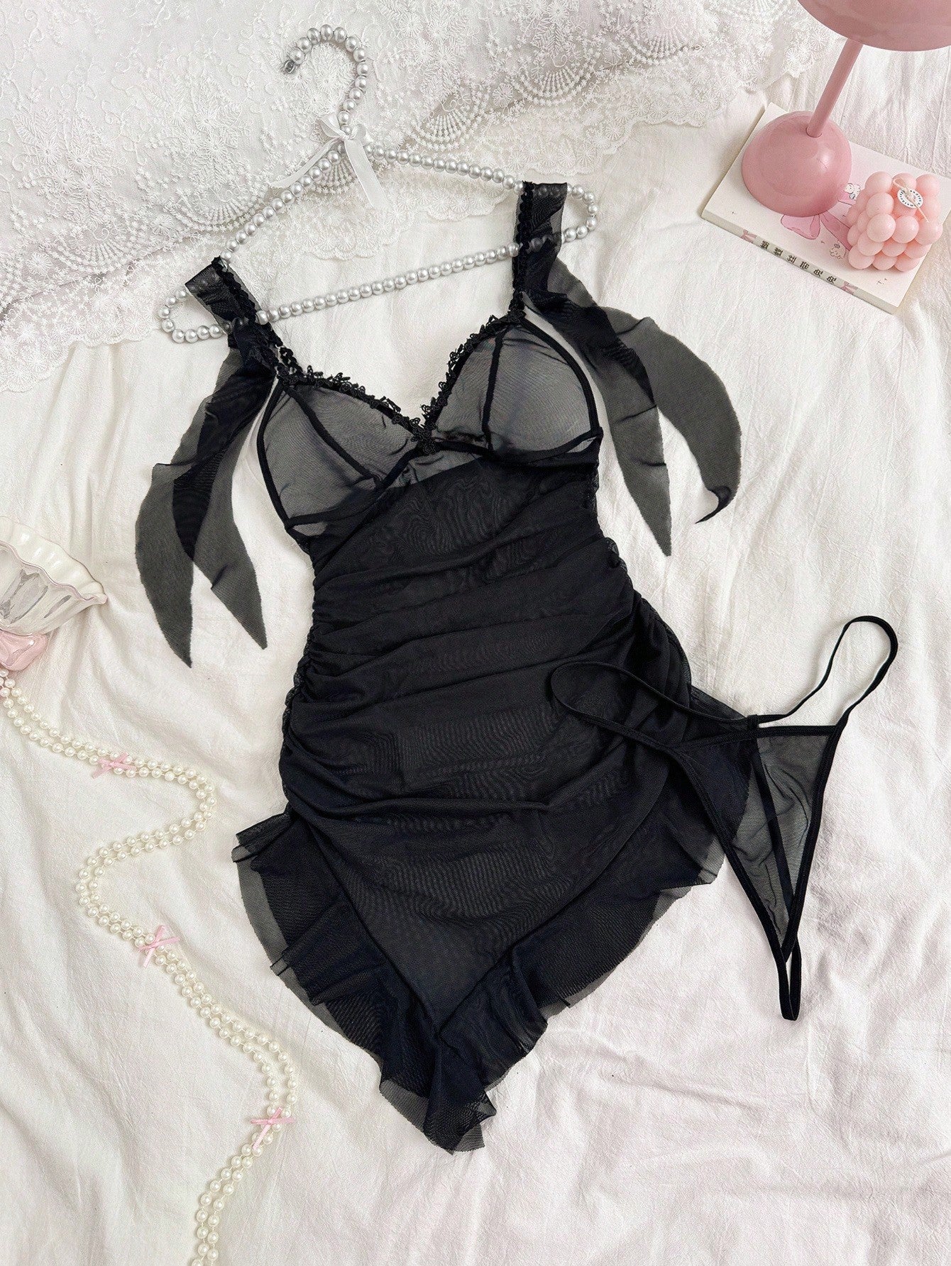 2pcs Set Sheer Ruffle Asymmetrical Hem Mini Dress, Going Out Sheer Lingerie Set