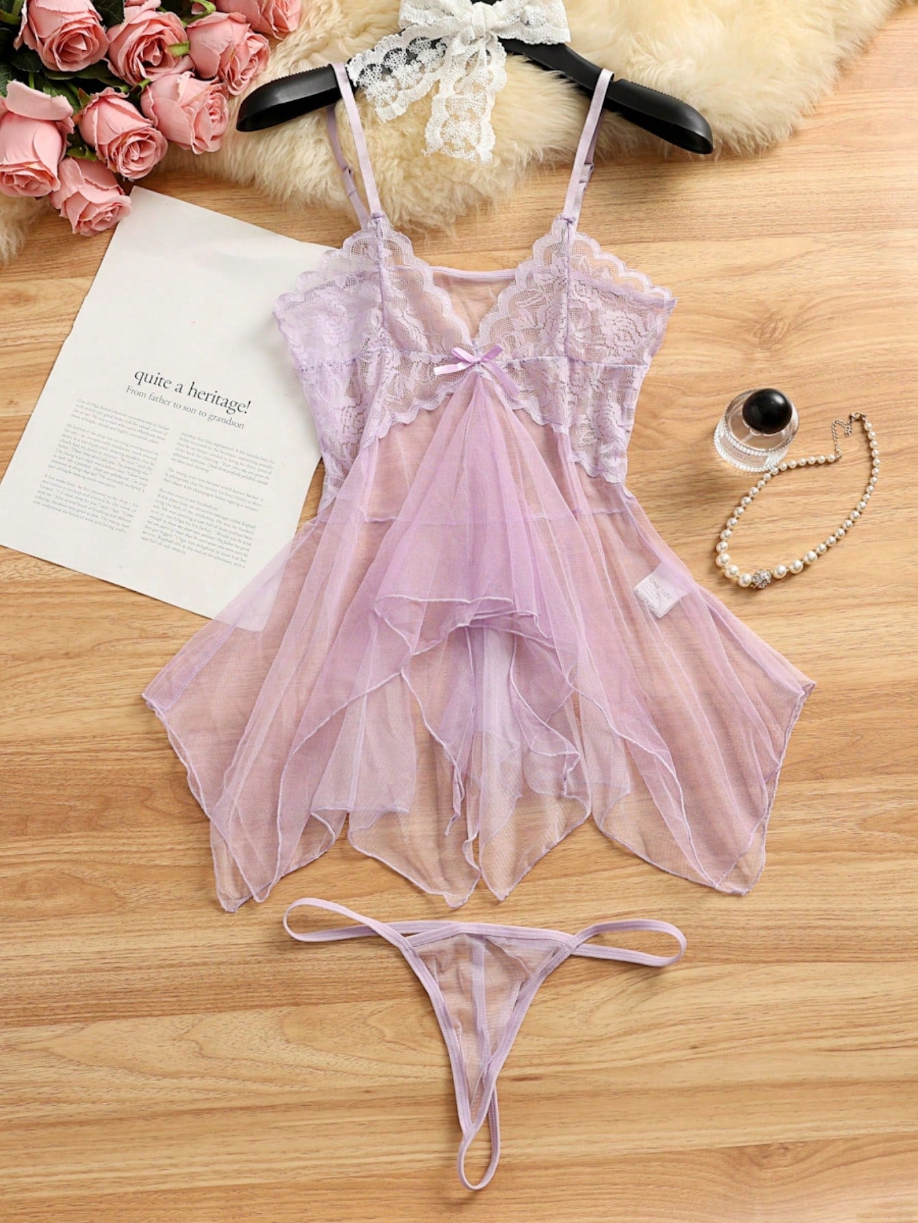 Kawaii 2pcs Sexy Sheer Mesh Camisole Nightgown Lingerie Set For Women