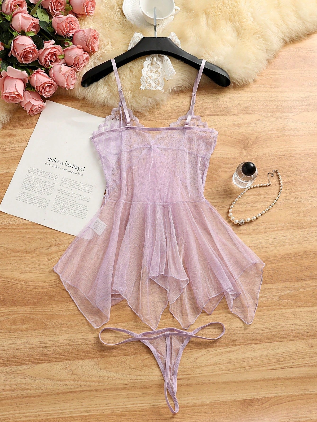 Kawaii 2pcs Sexy Sheer Mesh Camisole Nightgown Lingerie Set For Women