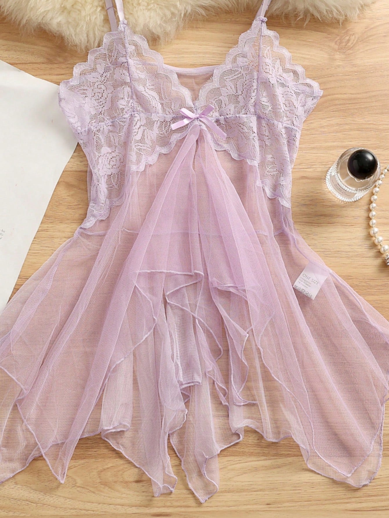 Kawaii 2pcs Sexy Sheer Mesh Camisole Nightgown Lingerie Set For Women