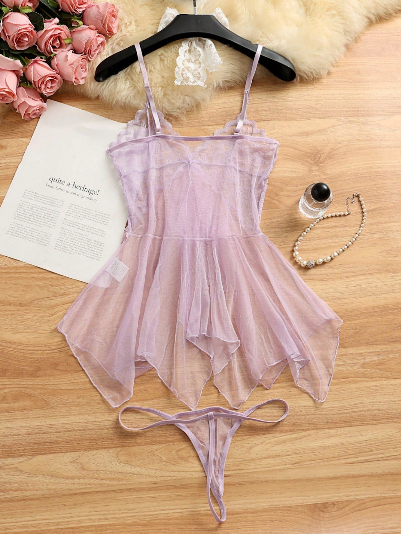 Kawaii 2pcs Sexy Sheer Mesh Camisole Nightgown Lingerie Set For Women