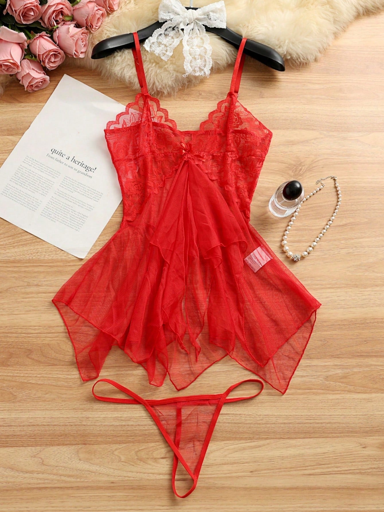 Kawaii 2pcs Sexy Sheer Mesh Camisole Nightgown Lingerie Set For Women