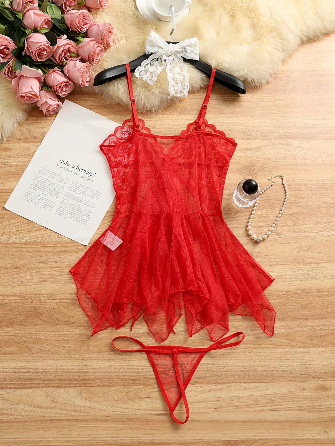Kawaii 2pcs Sexy Sheer Mesh Camisole Nightgown Lingerie Set For Women